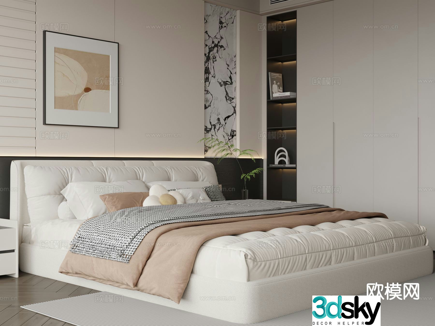Cream style double bed 3d model