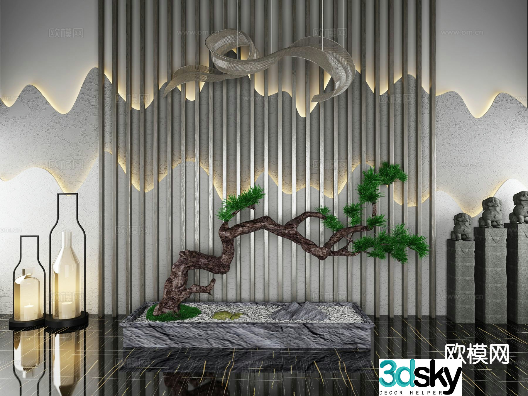 Chinese sketch Zen pine tree sketch 3D model