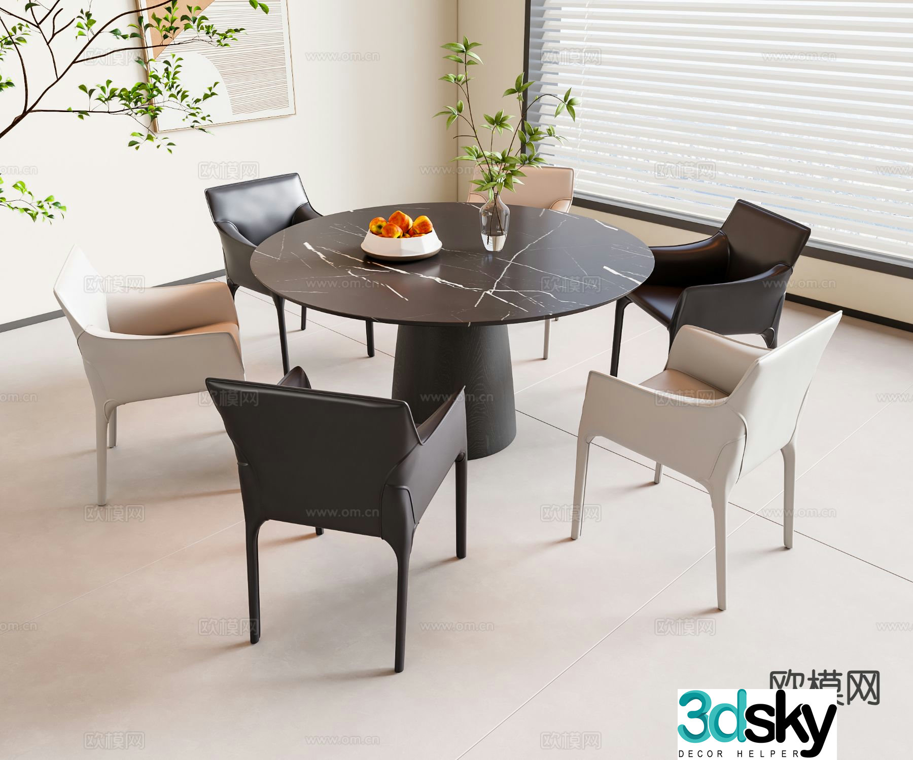 Modern dining table and chairs round dining table 3d model