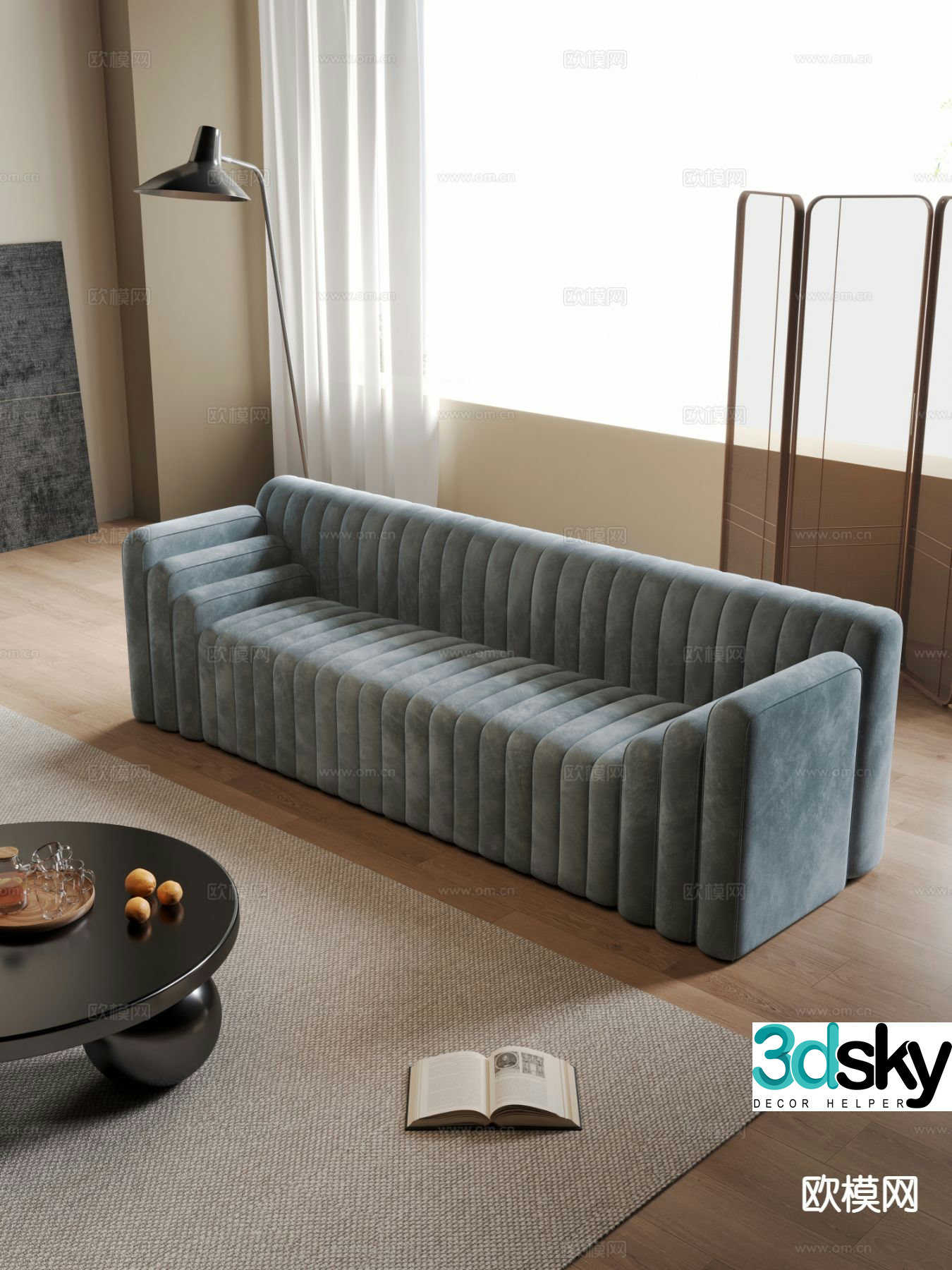 blue sofa velvet sofa three person sofa 3d model