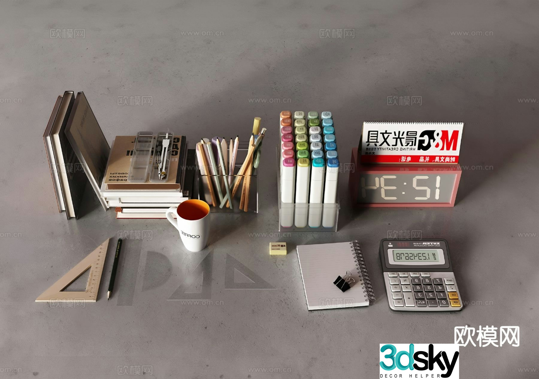 Office supplies stationery brush pencil notebook 3d model