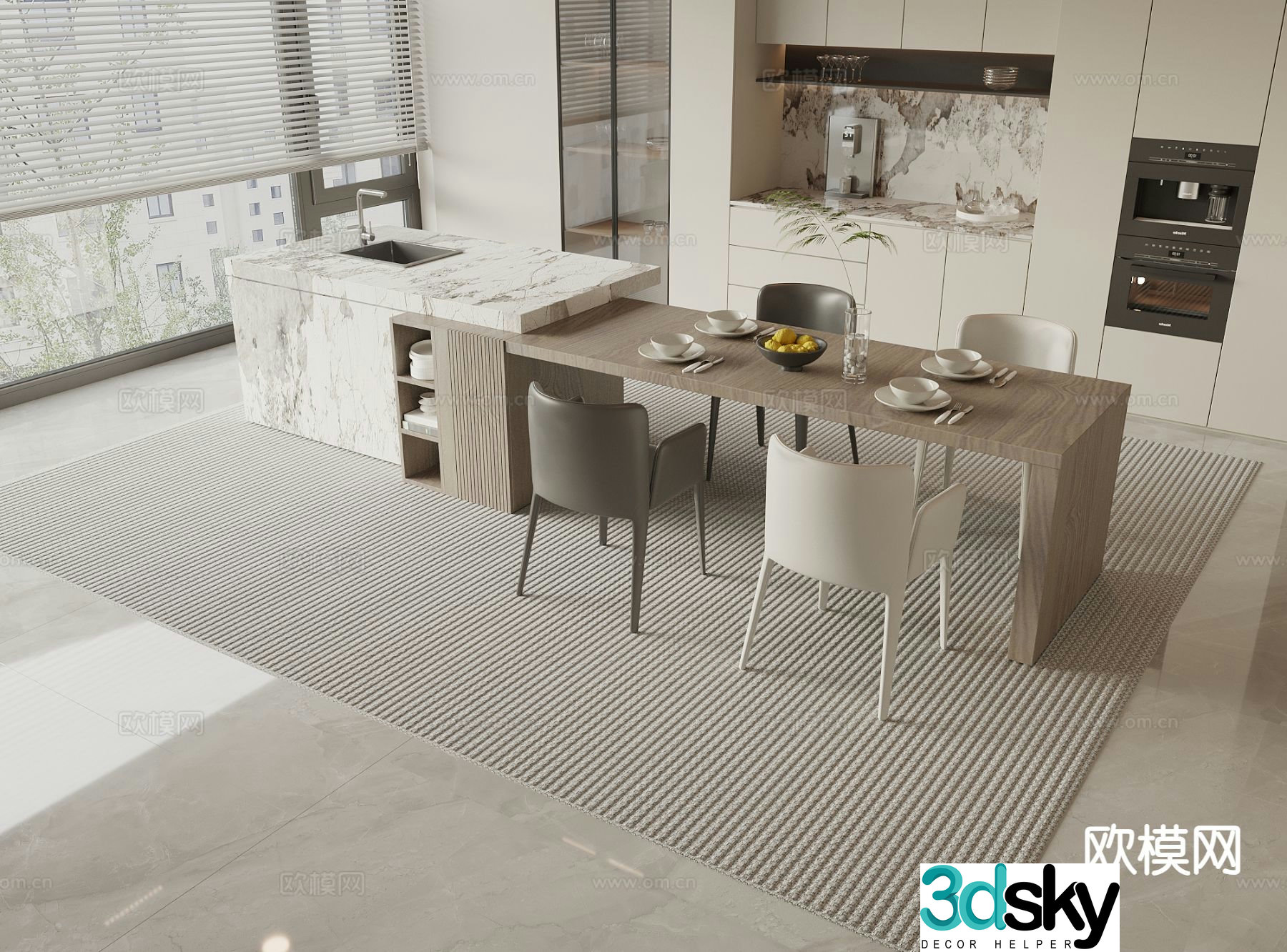 Modern island table dining table and chairs 3d model