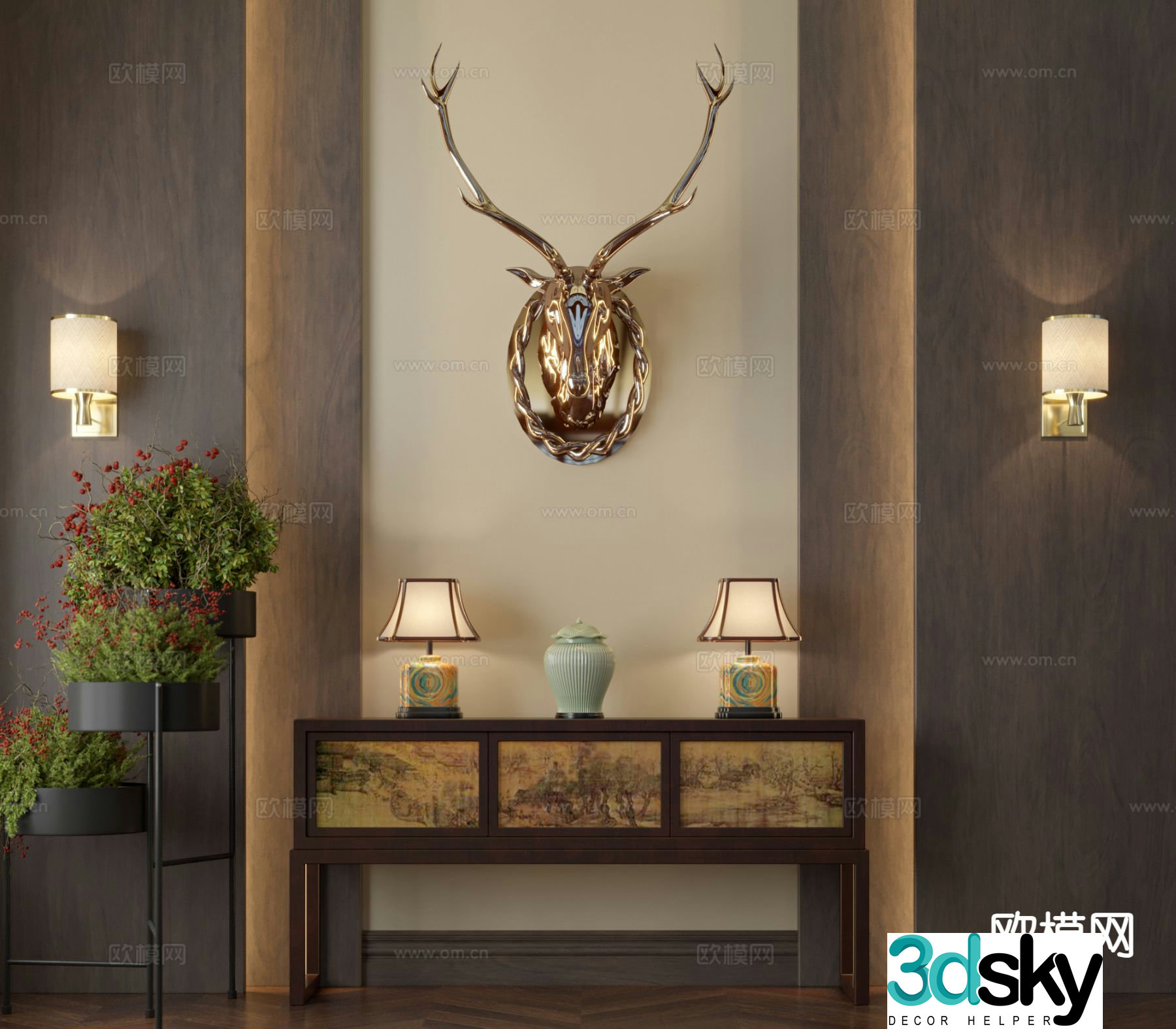 New Chinese style entrance cabinet side cabinet 3D model