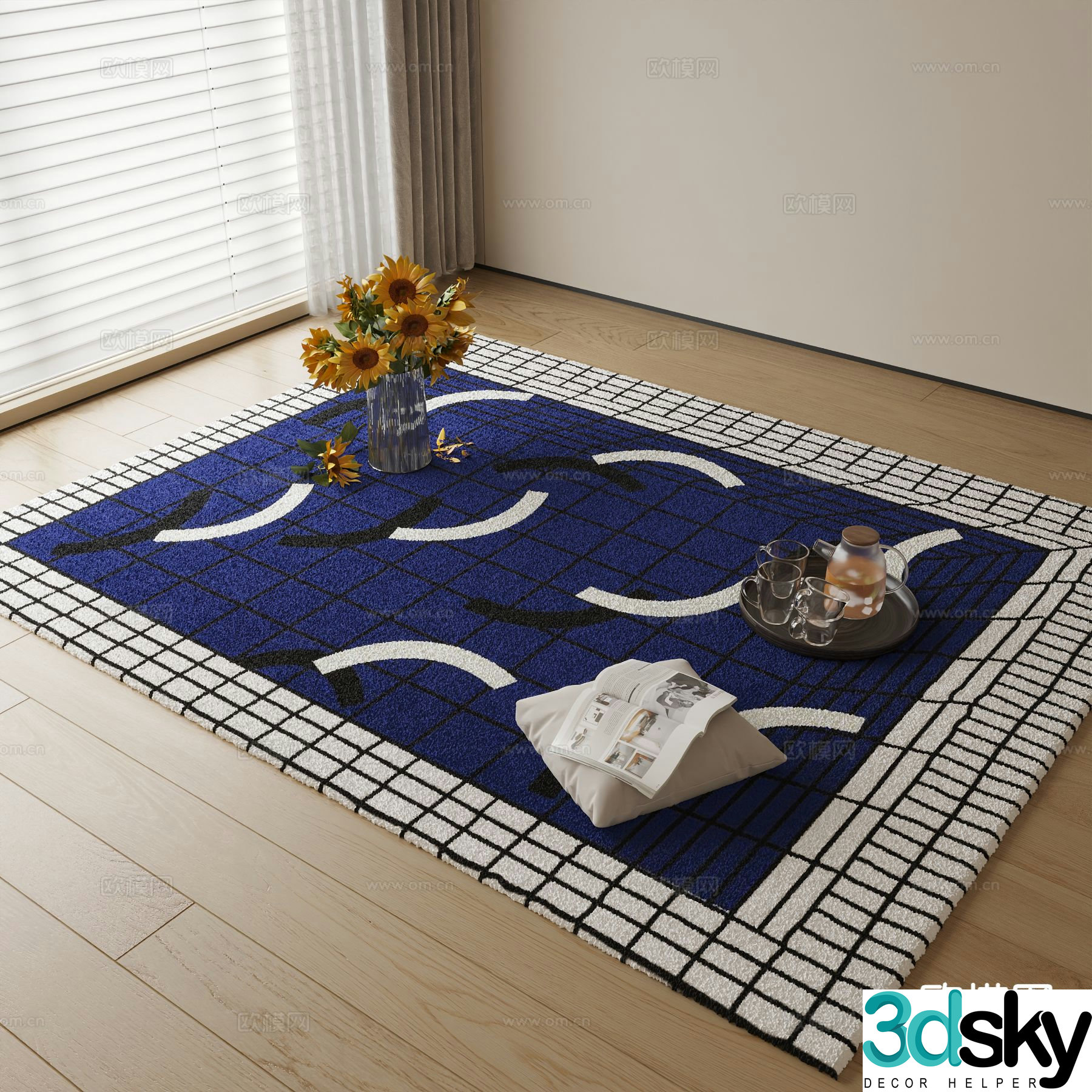 Modern blue carpet plaid carpet 3d model