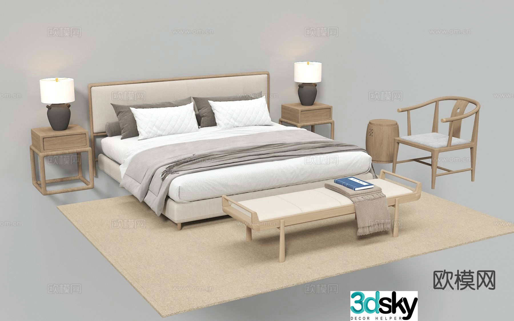 New Chinese style double bed 3d model