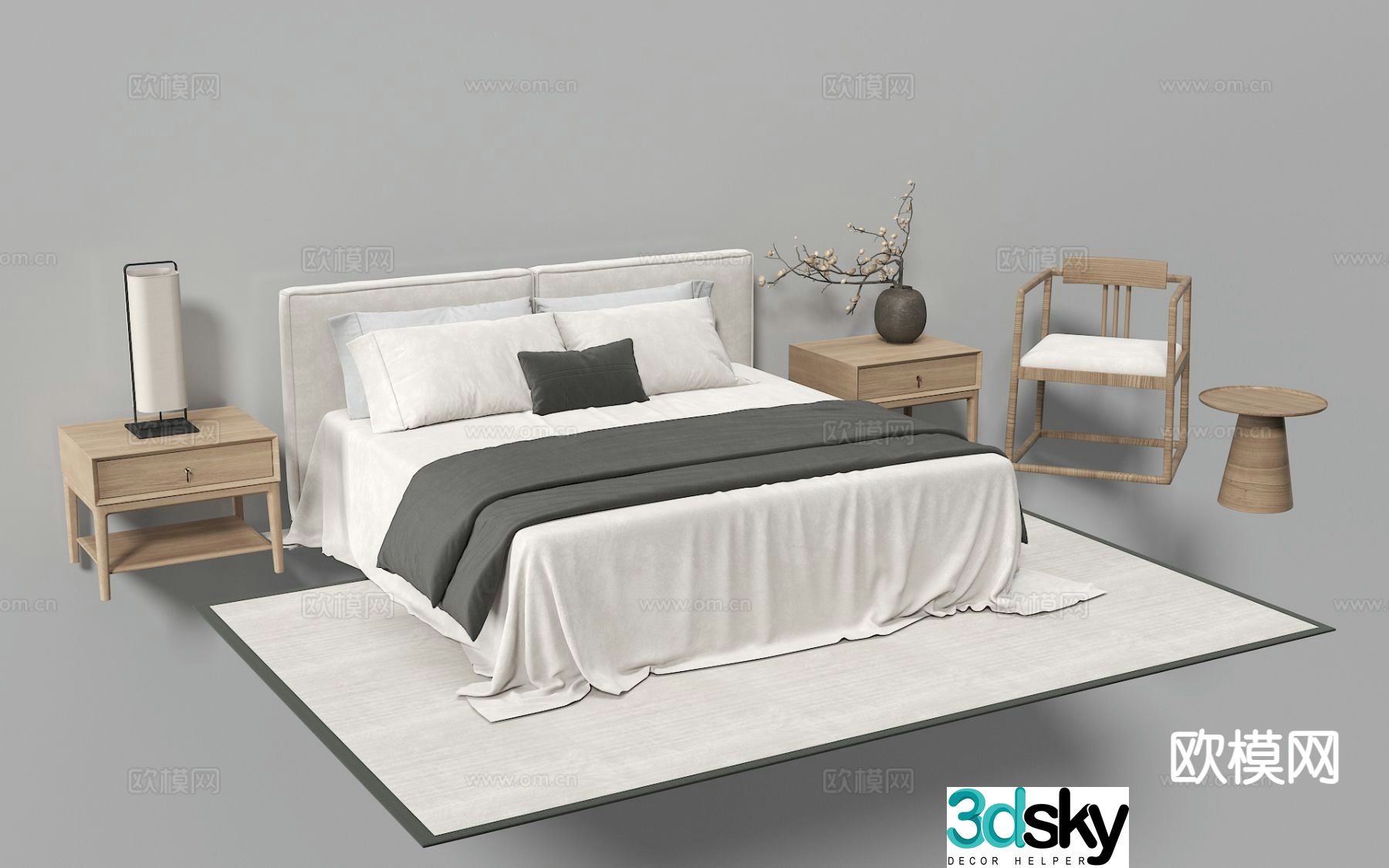 New Chinese style double bed fabric bed 3d model