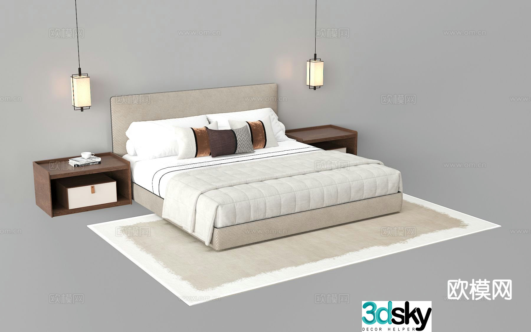 New Chinese style double bed fabric bed 3d model