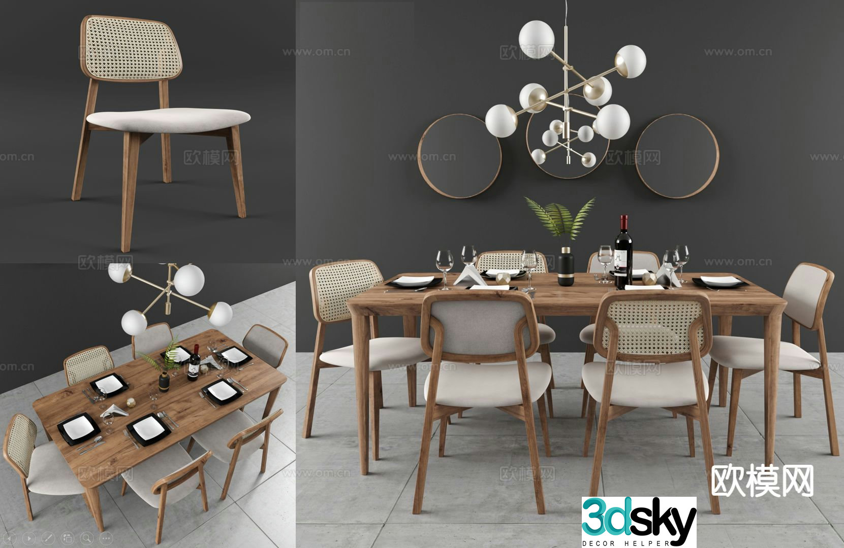 European style dining table and chairs solid wood dining table 3d model