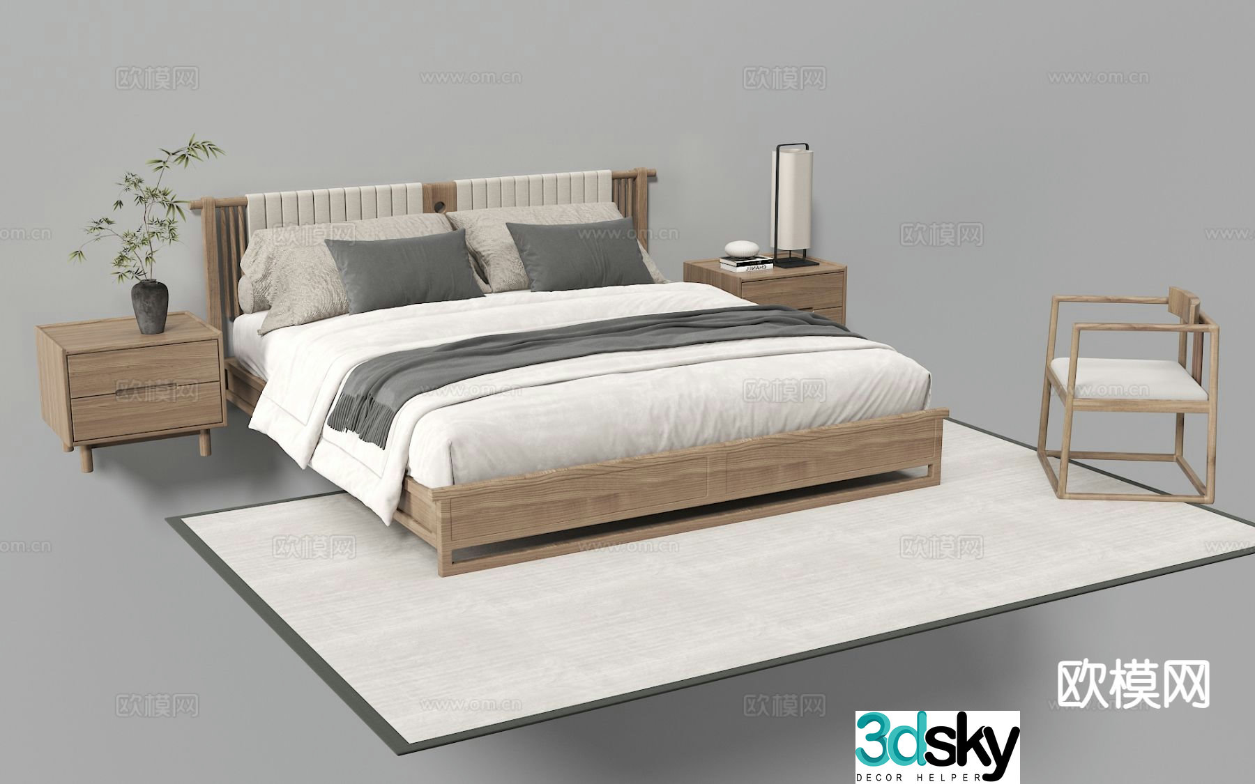 New Chinese style double bed fabric bed solid wood bed 3d model