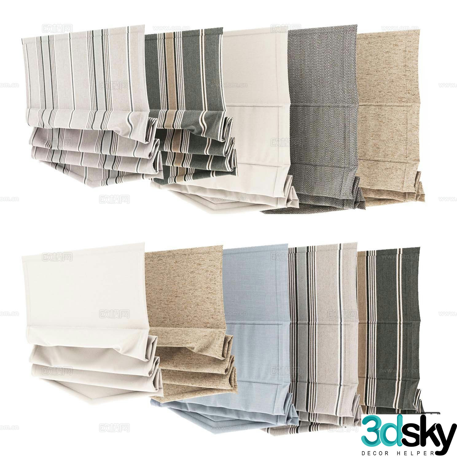 Plain curtains roller blinds Roman blinds 3D model