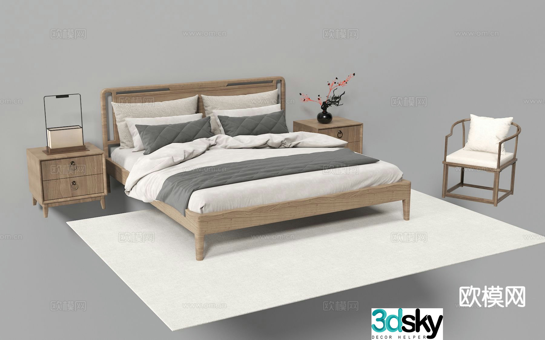 New Chinese style double bed solid wood bed 3d model