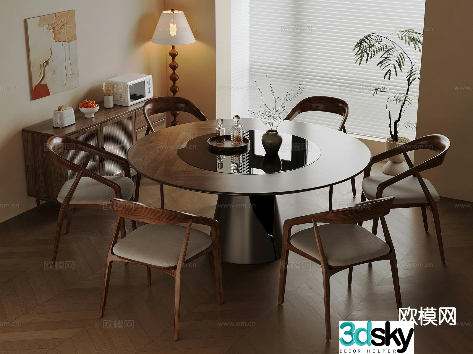 Medieval style dining table and chairs round dining table 3D model