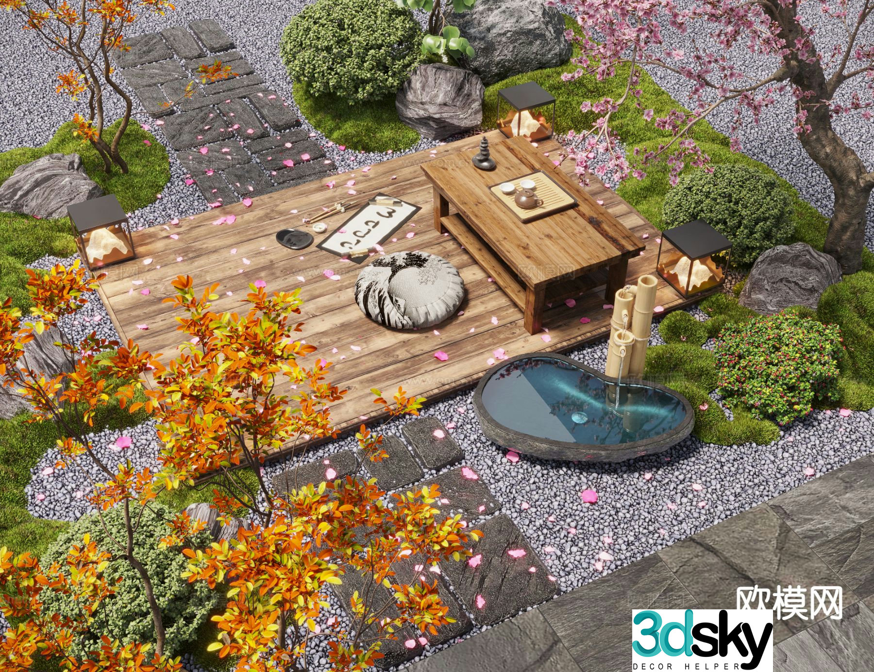 Courtyard landscape sketch tea table 3d model