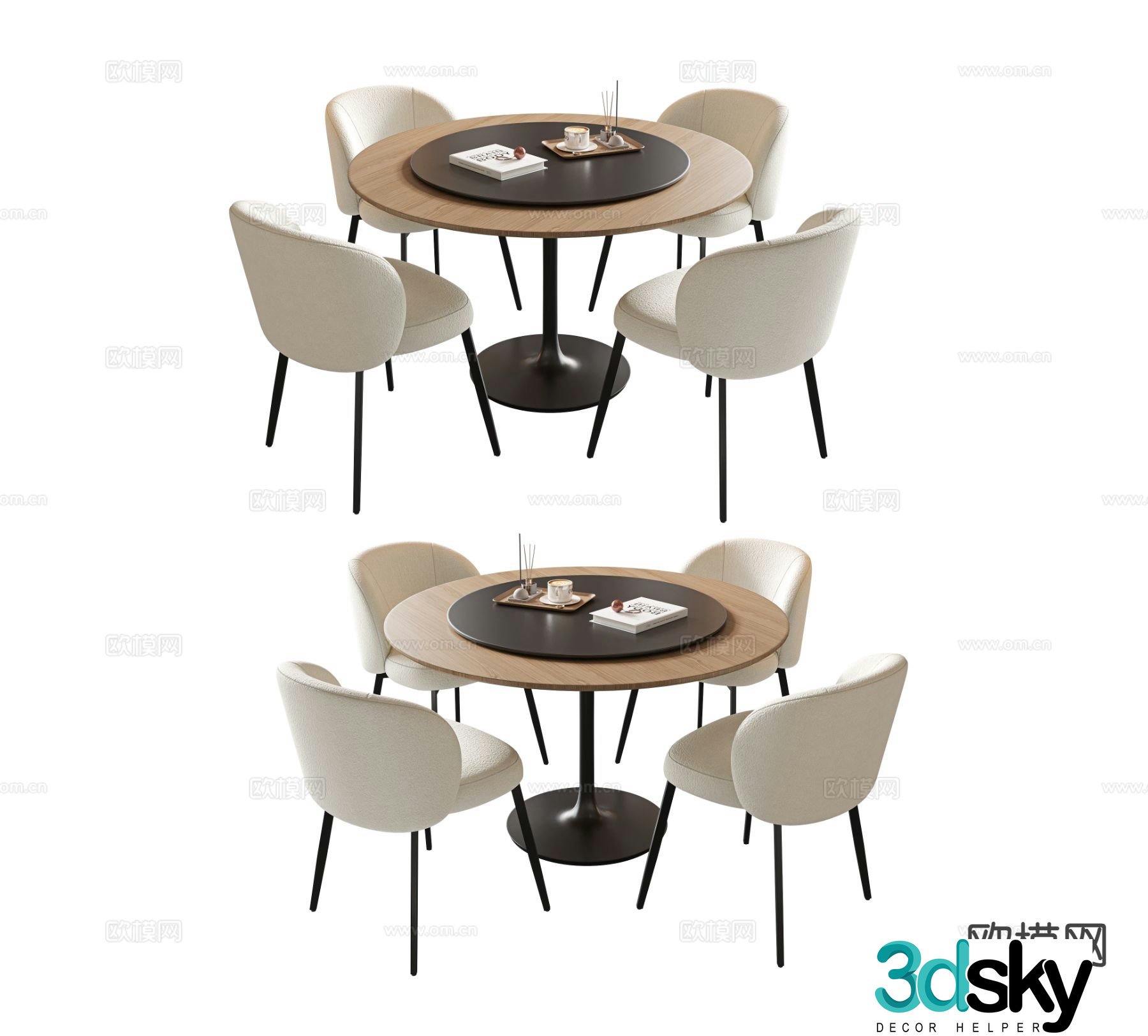 Cream style dining table and chairs round dining table 3d model