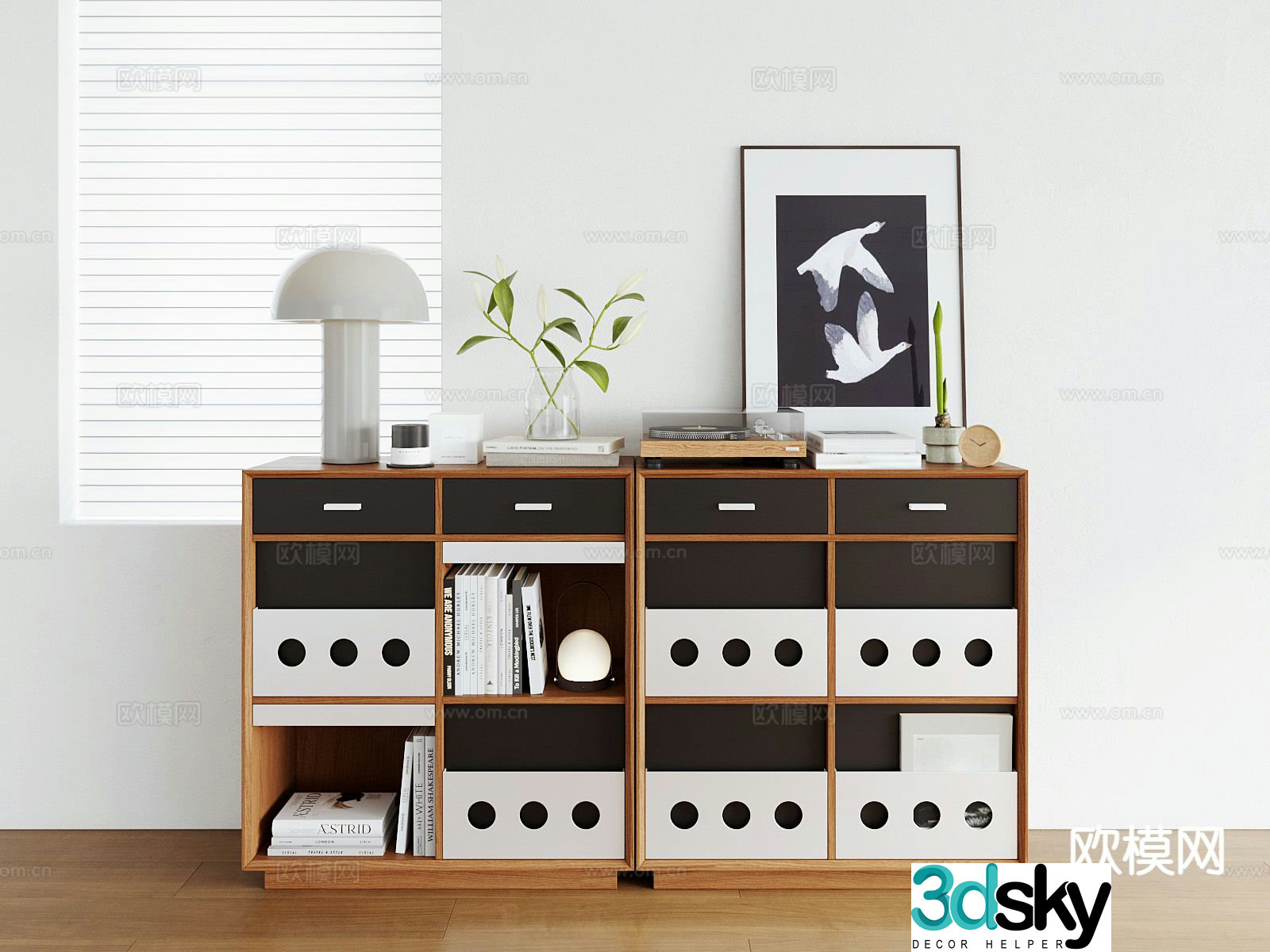 Medieval style Bauhaus four-compartment cabinet bookcase low cabinet 3D model