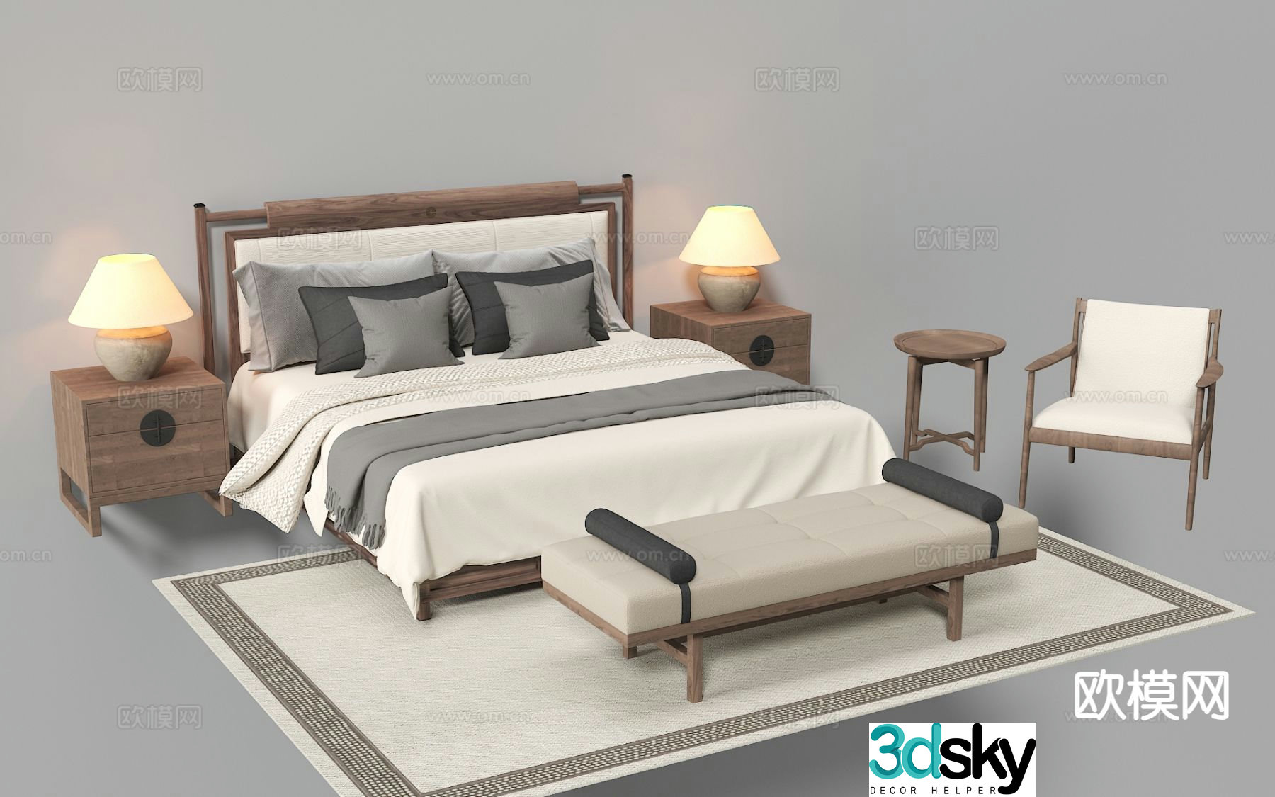 New Chinese style double bed fabric bed solid wood bed 3d model