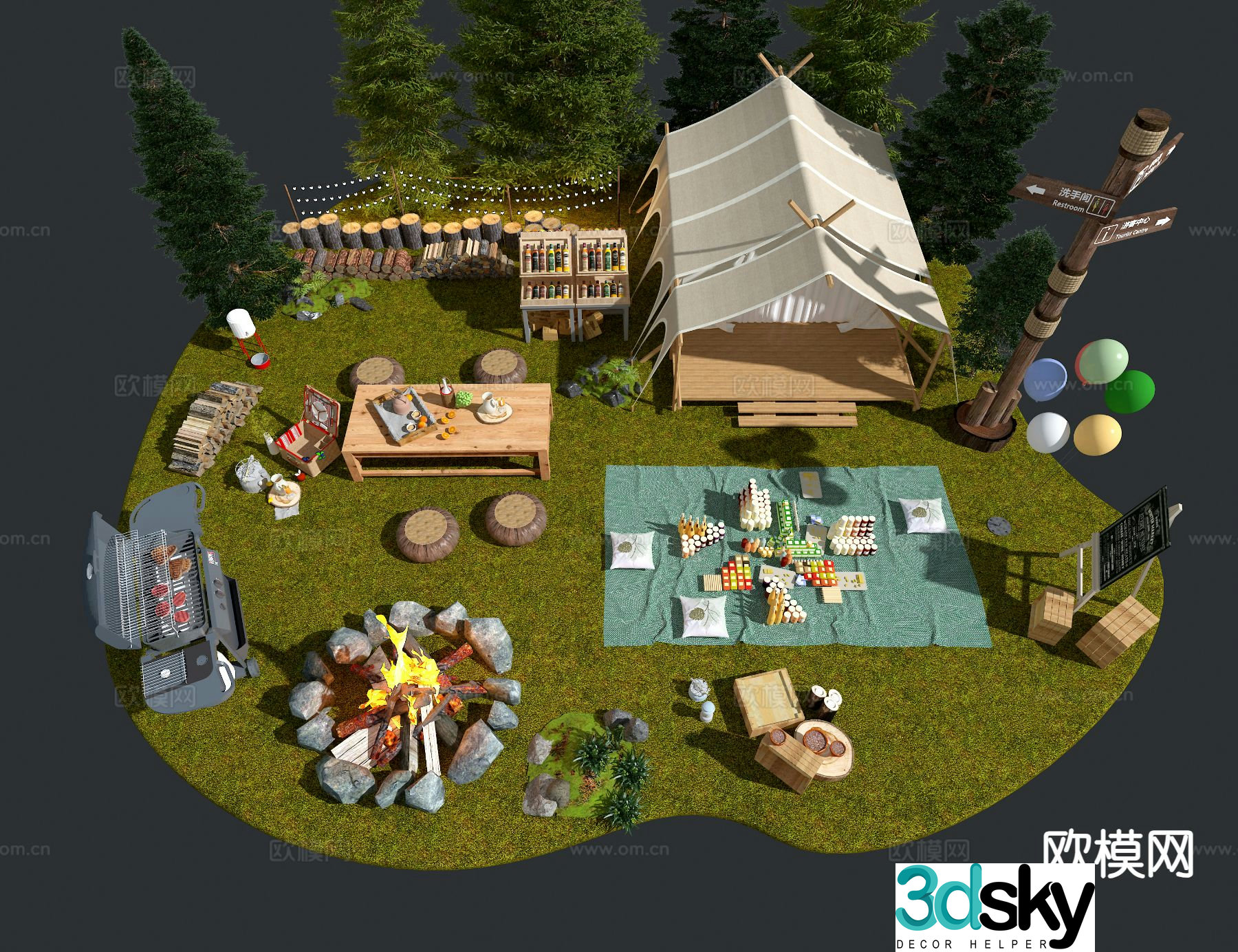 Camping site picnic landscape 3d model