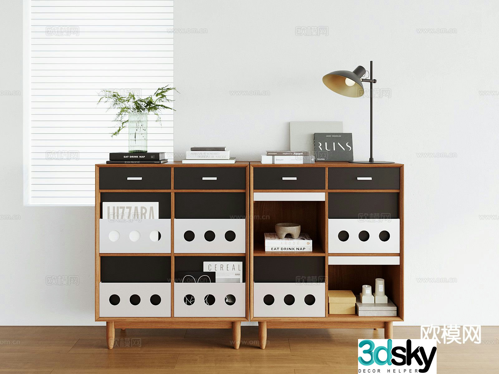 Medieval style Bauhaus four-compartment cabinet bookcase low cabinet 3D model