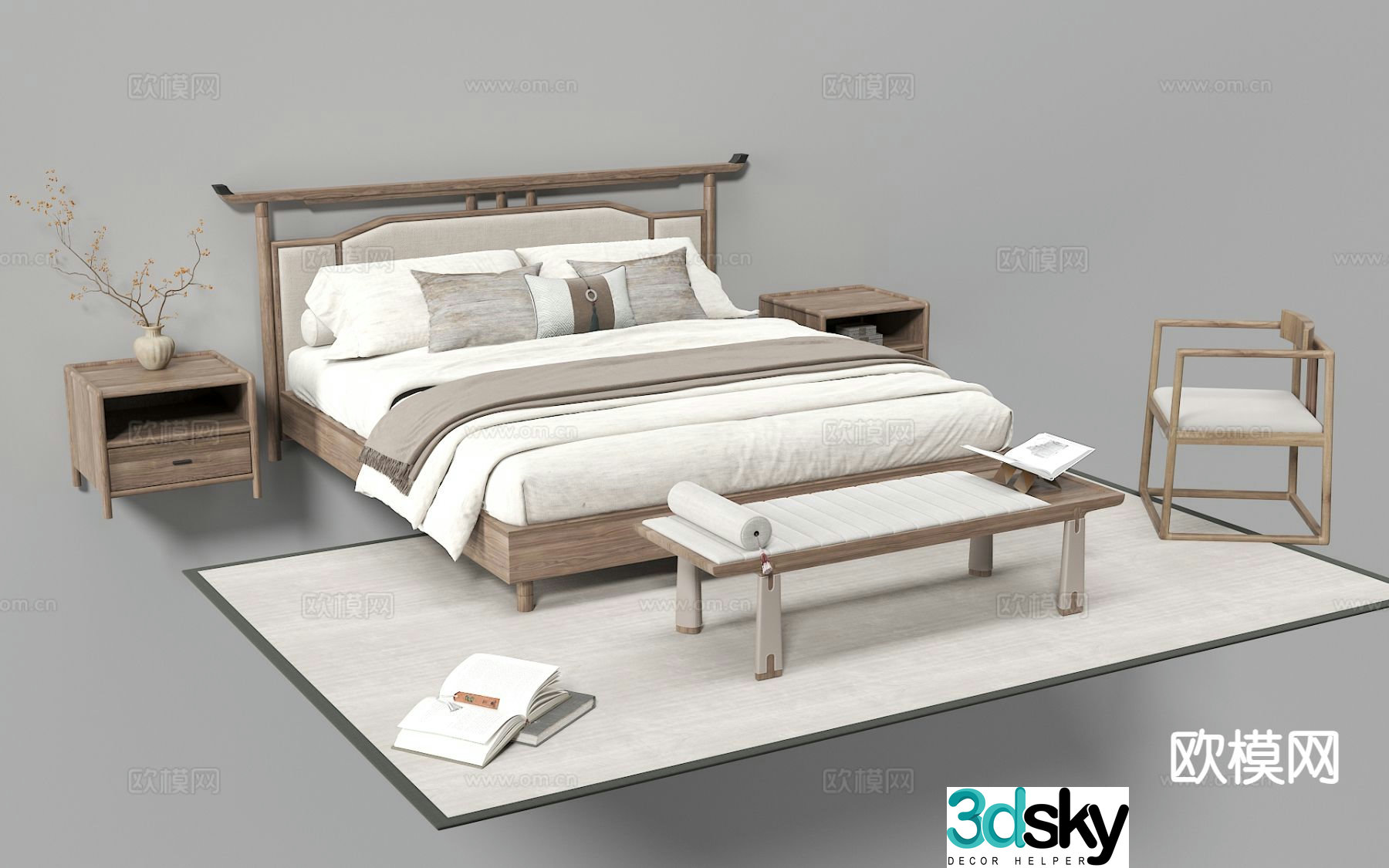 New Chinese style double bed 3d model