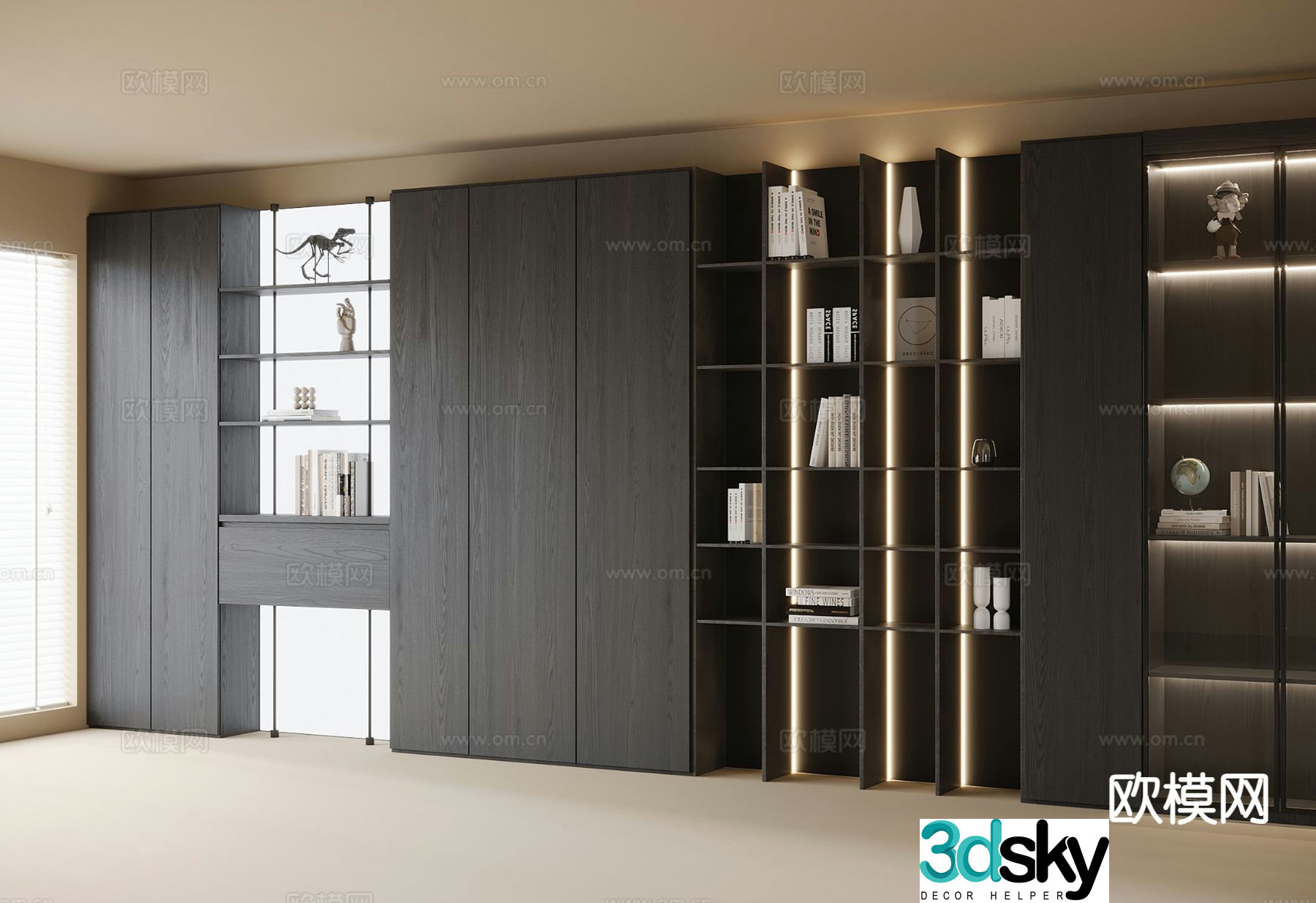 Modern wall-to-wall bookcase decorative cabinet 3D model