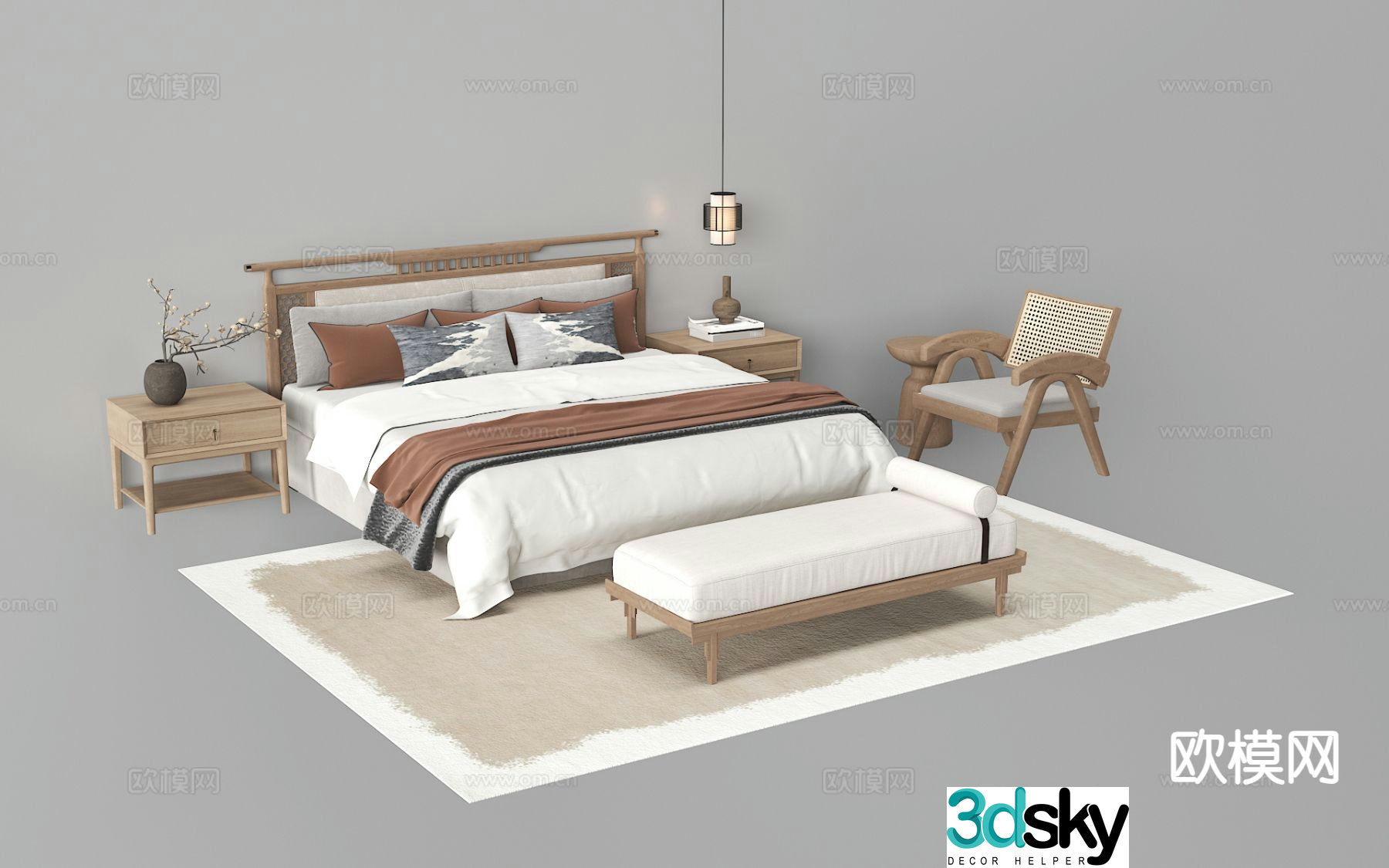 New Chinese style double bed fabric bed solid wood bed 3d model