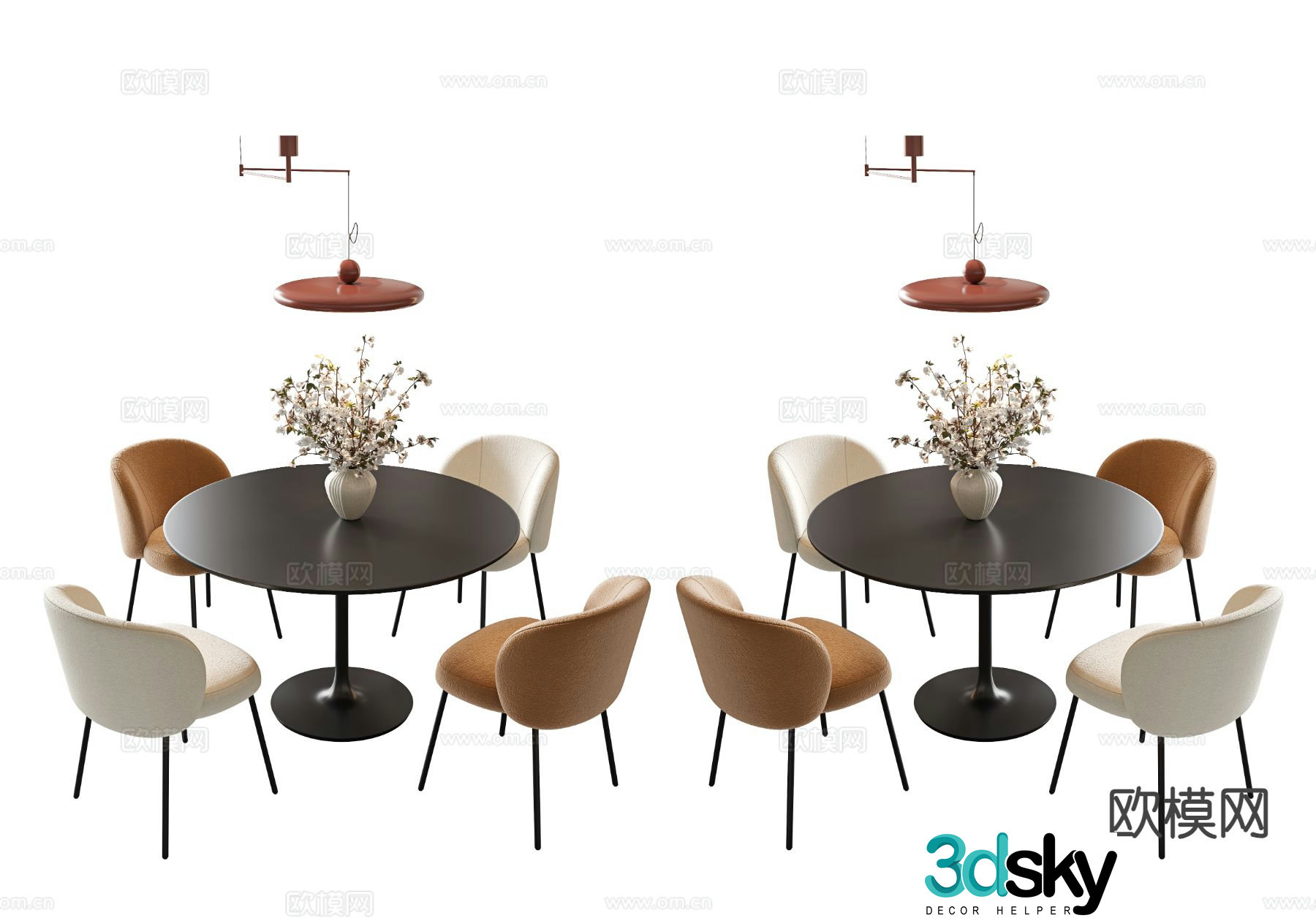 Cream style dining table and chairs round dining table 3d model
