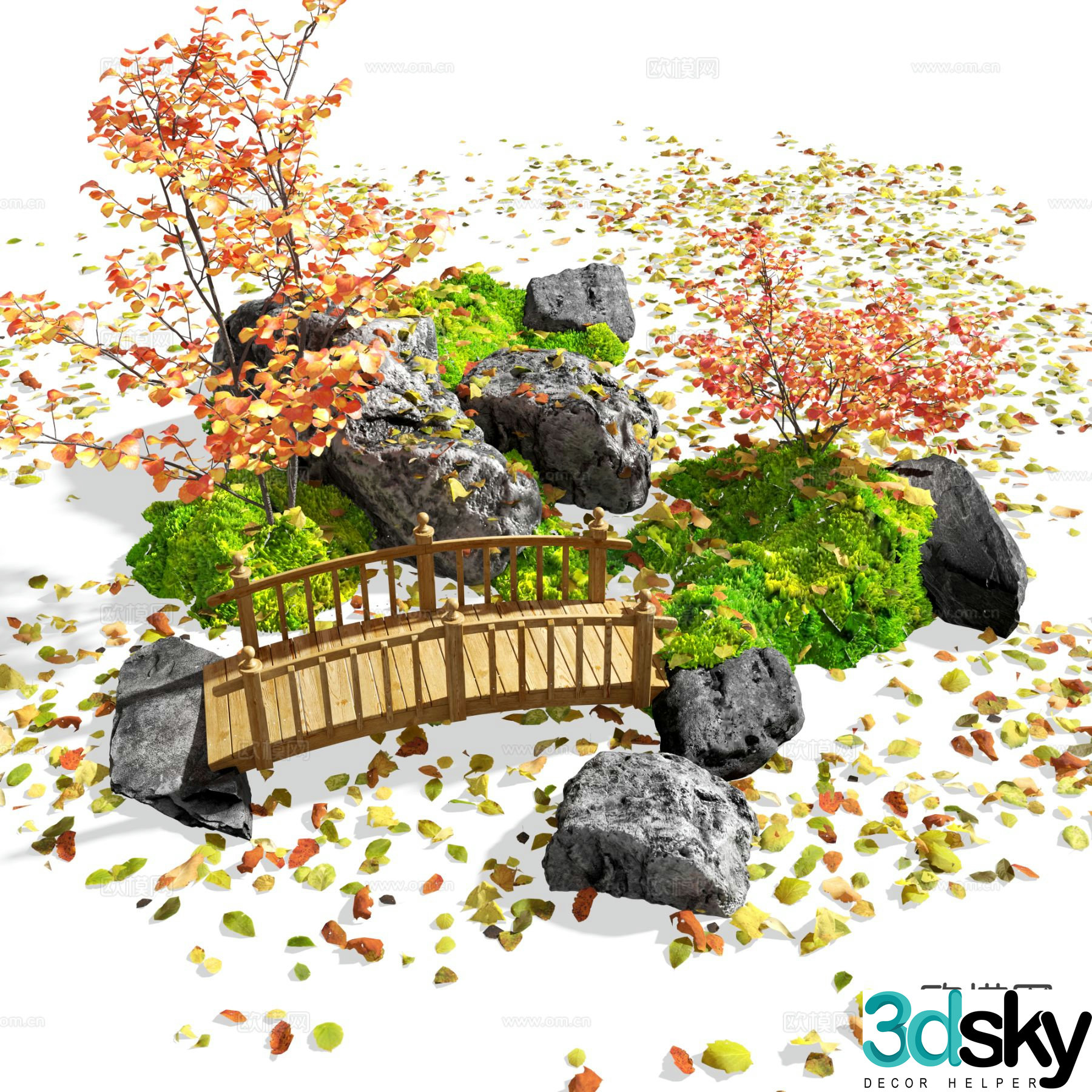 Red maple landscape sketch fallen leaves stones wooden bridge 3D model