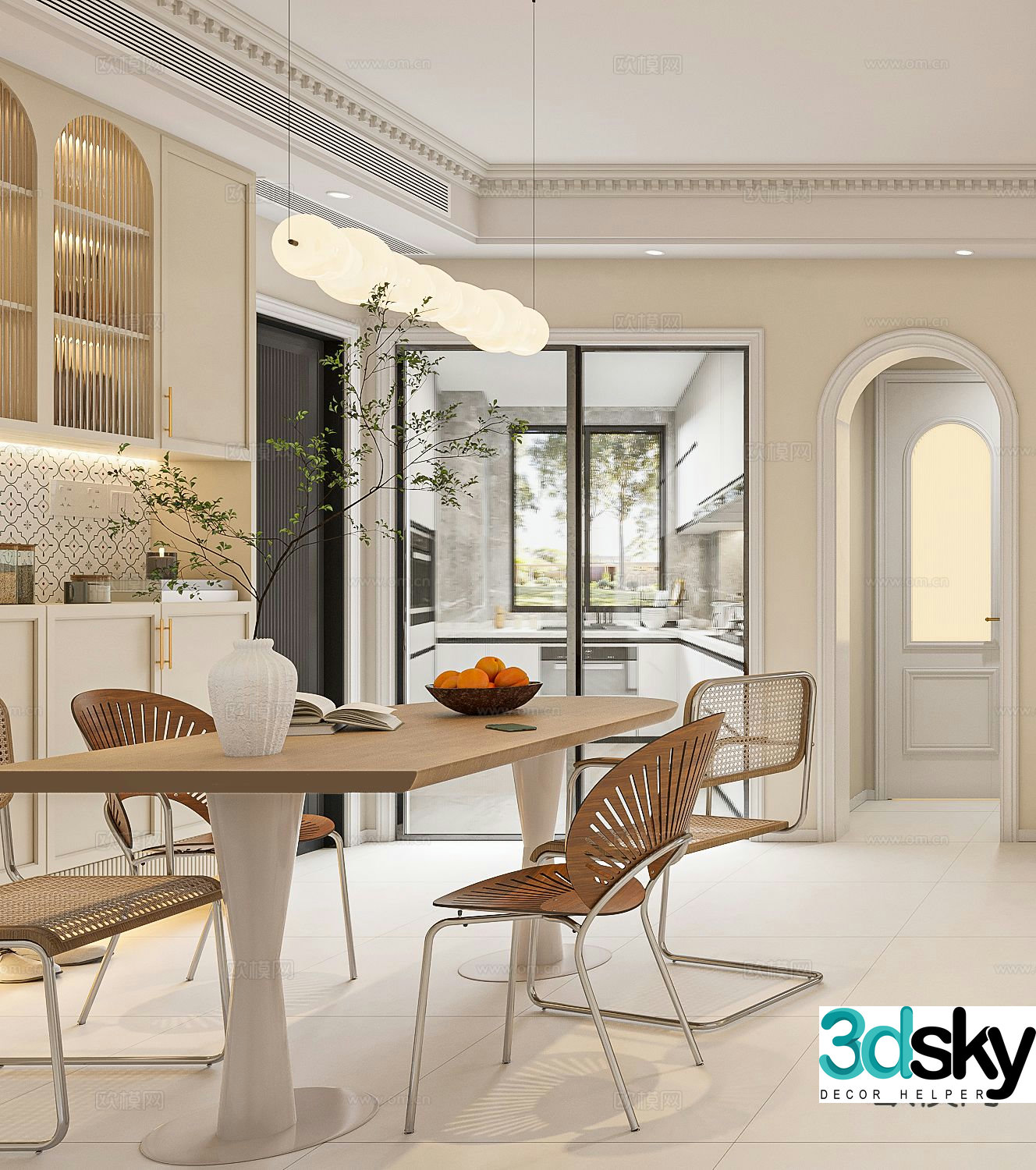 Cream style dining table and chairs strip dining table 3d model