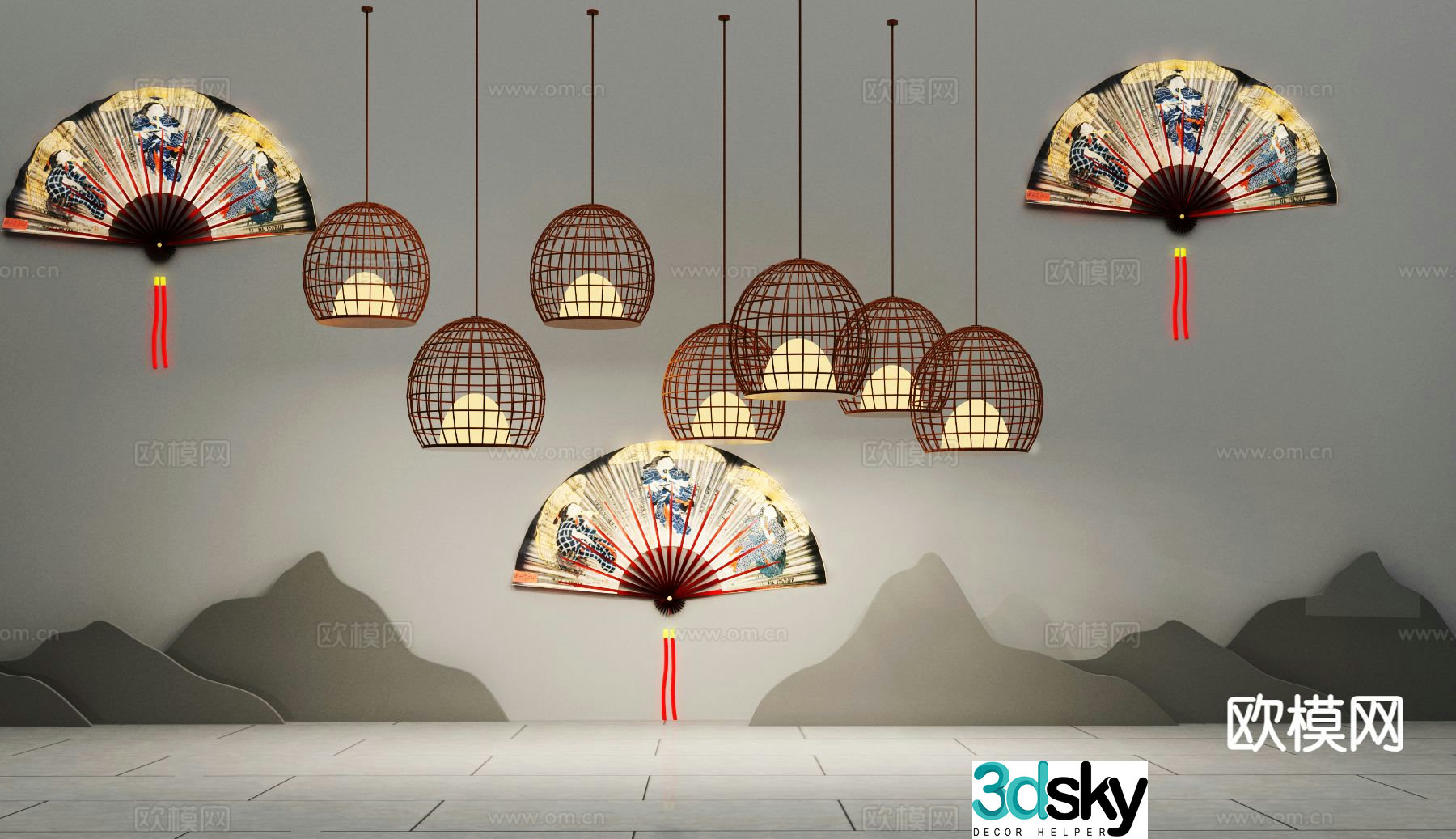 New Chinese style chandelier fan-shaped decorative lamp 3d model
