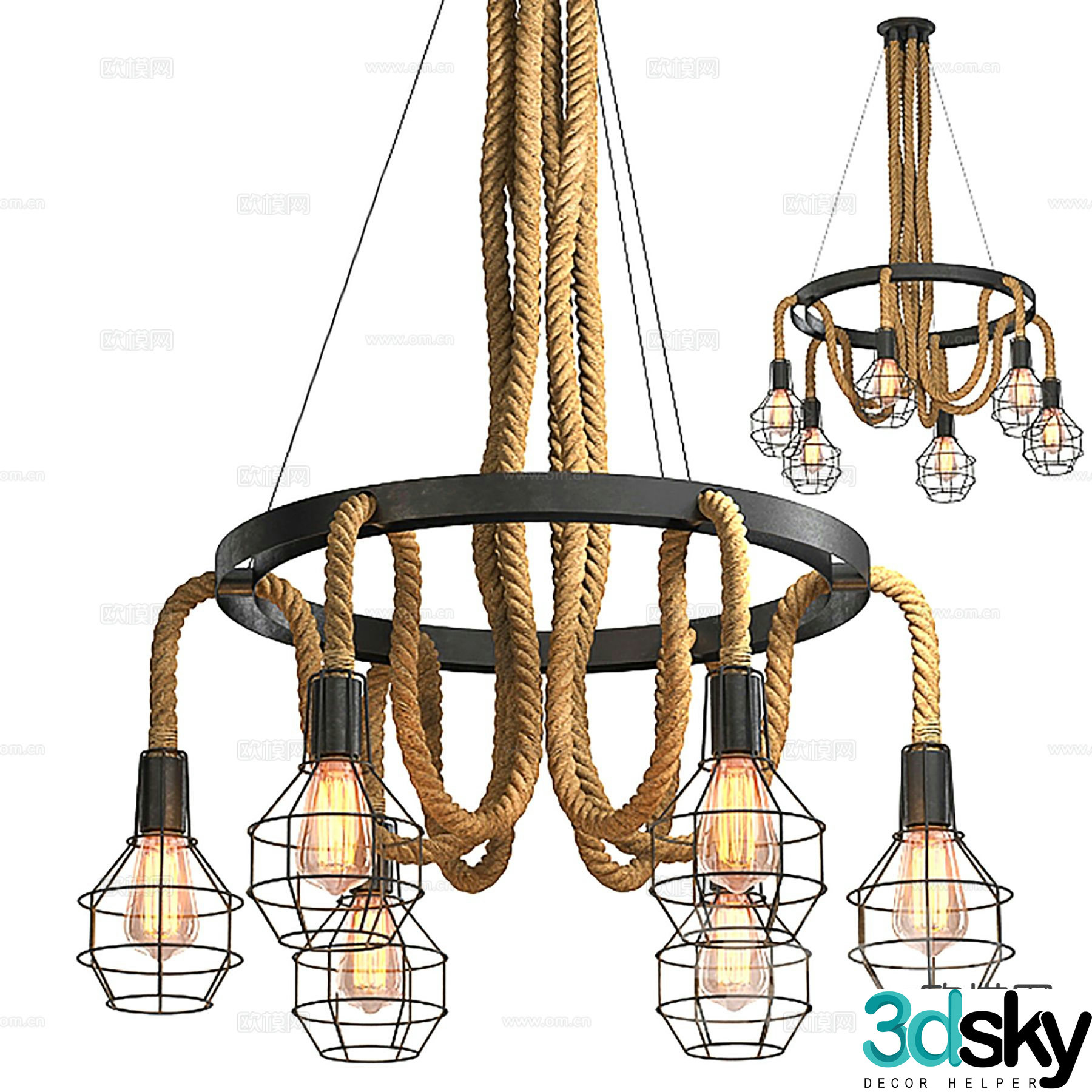 Industrial style chandelier rope bulb lamp 3d model
