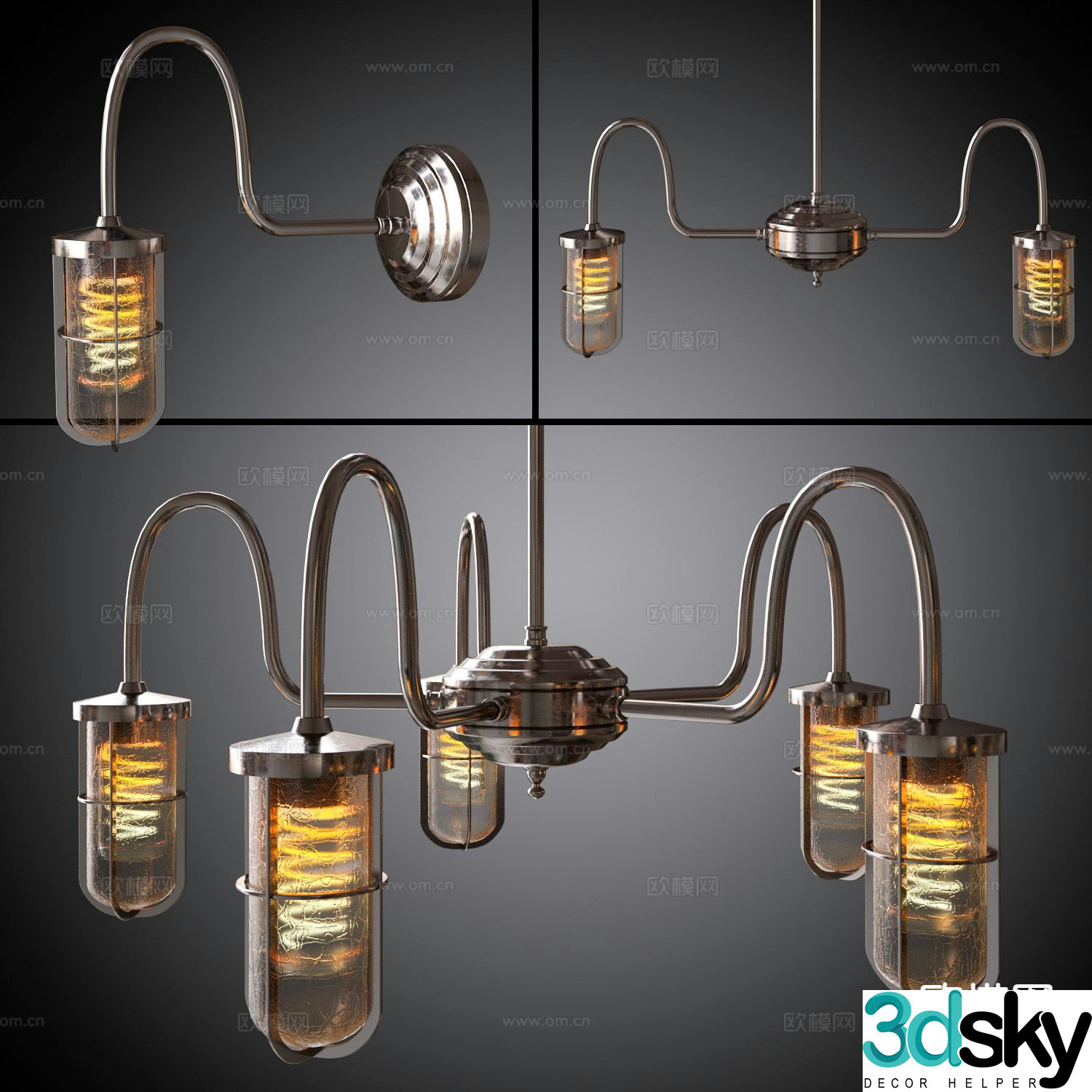 Industrial style chandelier multi-head chandelier 3d model