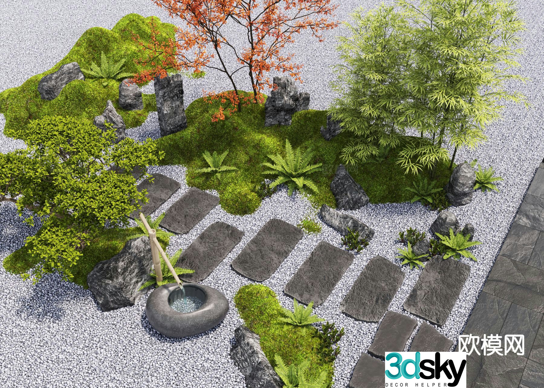 New Chinese style courtyard landscape landscape sketch 3D model