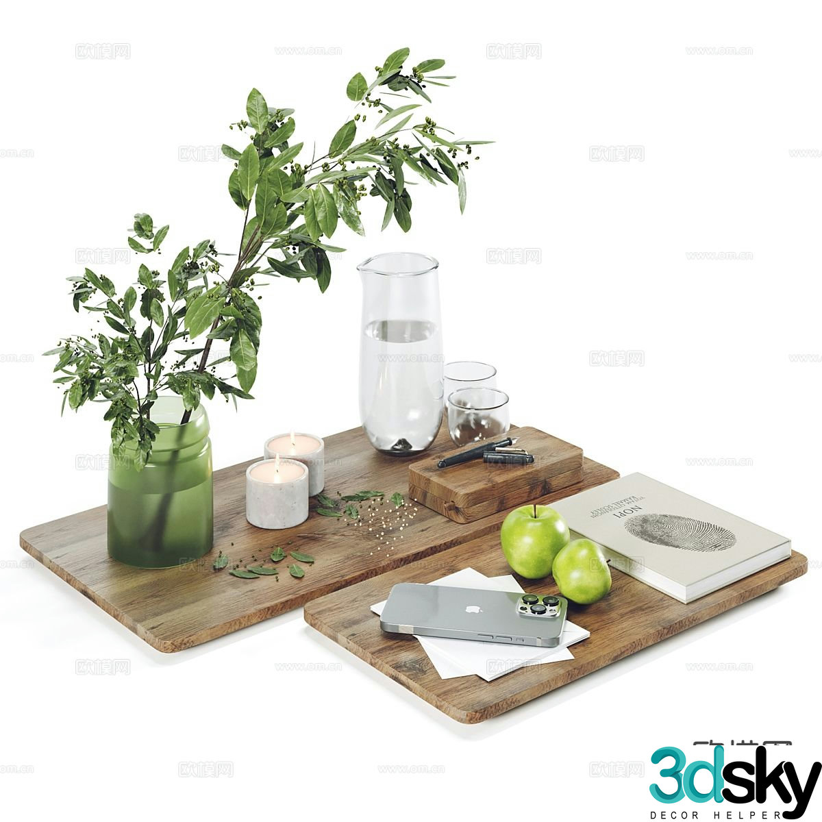 Tray ornaments hydroponic green plants candlesticks books 3D model