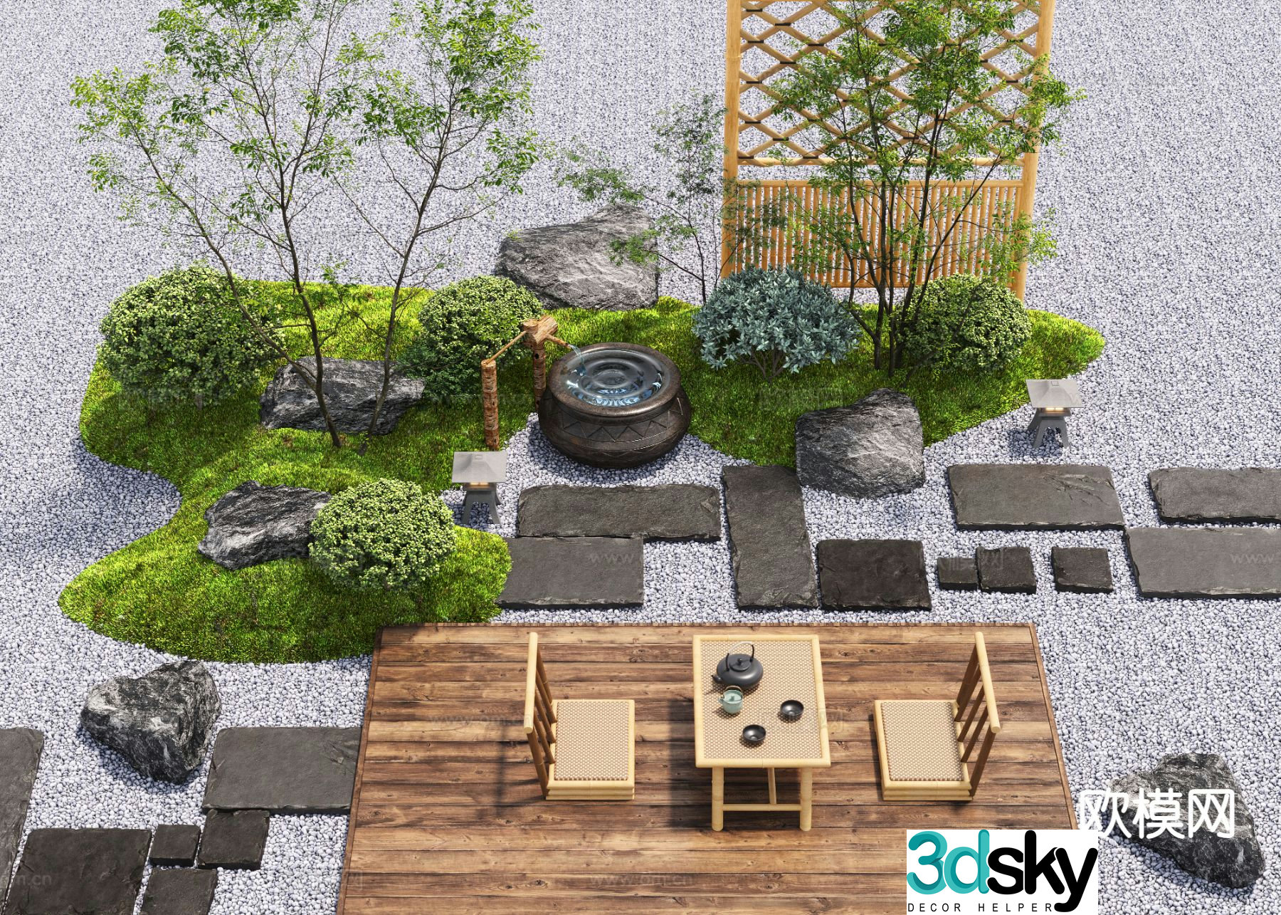 New Chinese style courtyard landscape landscape sketch 3D model