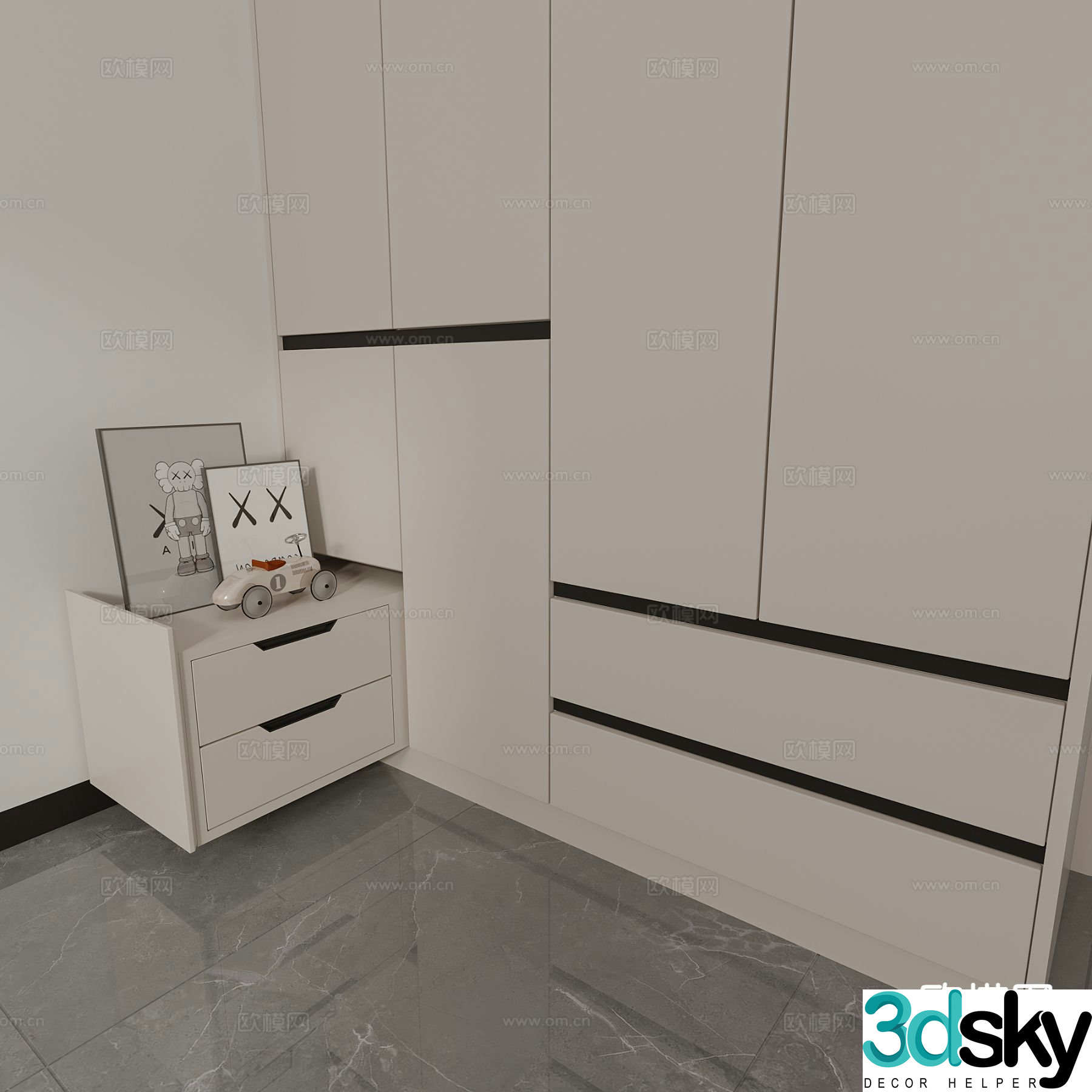Integrated wardrobe retractable bedside table 3d model