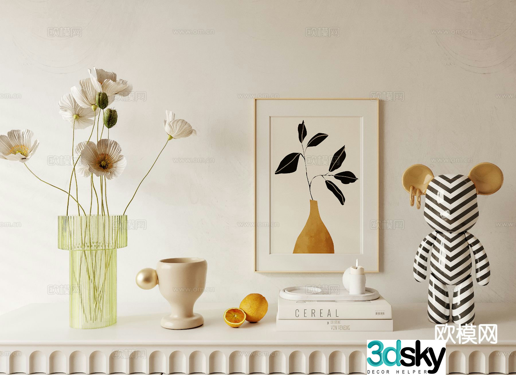 Cream style decorations ornaments vases books 3d model