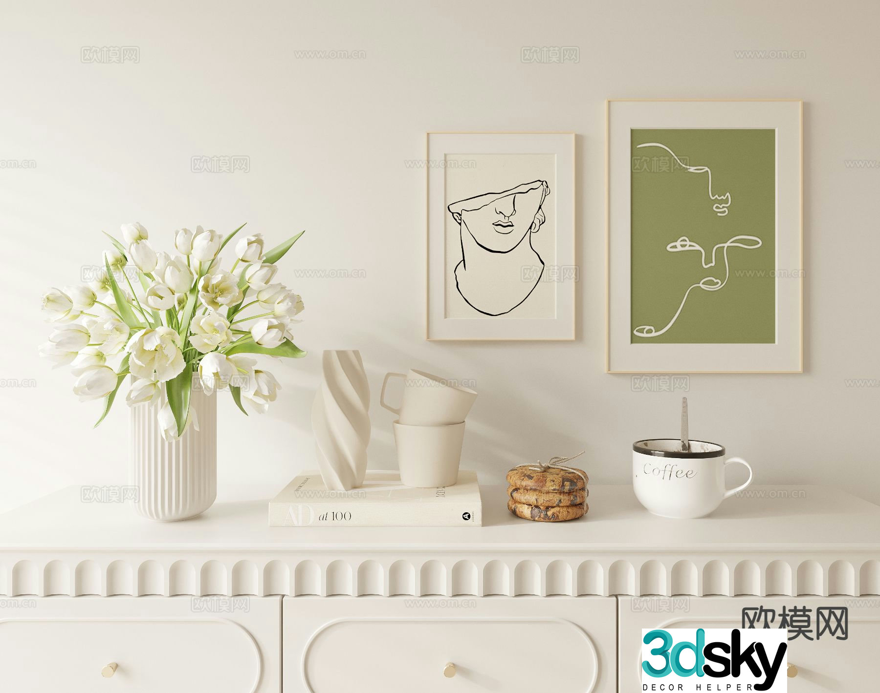 Cream style decorations ornaments vases books 3d model