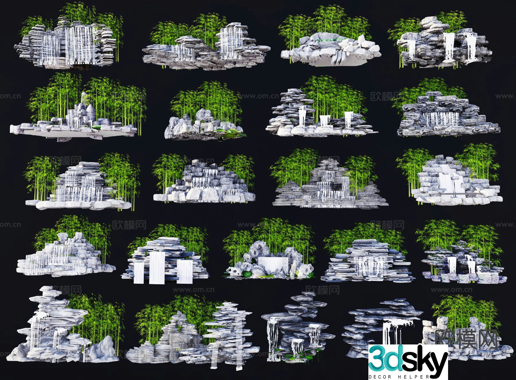 Chinese rockery overlapping water and flowing water stone 3D model