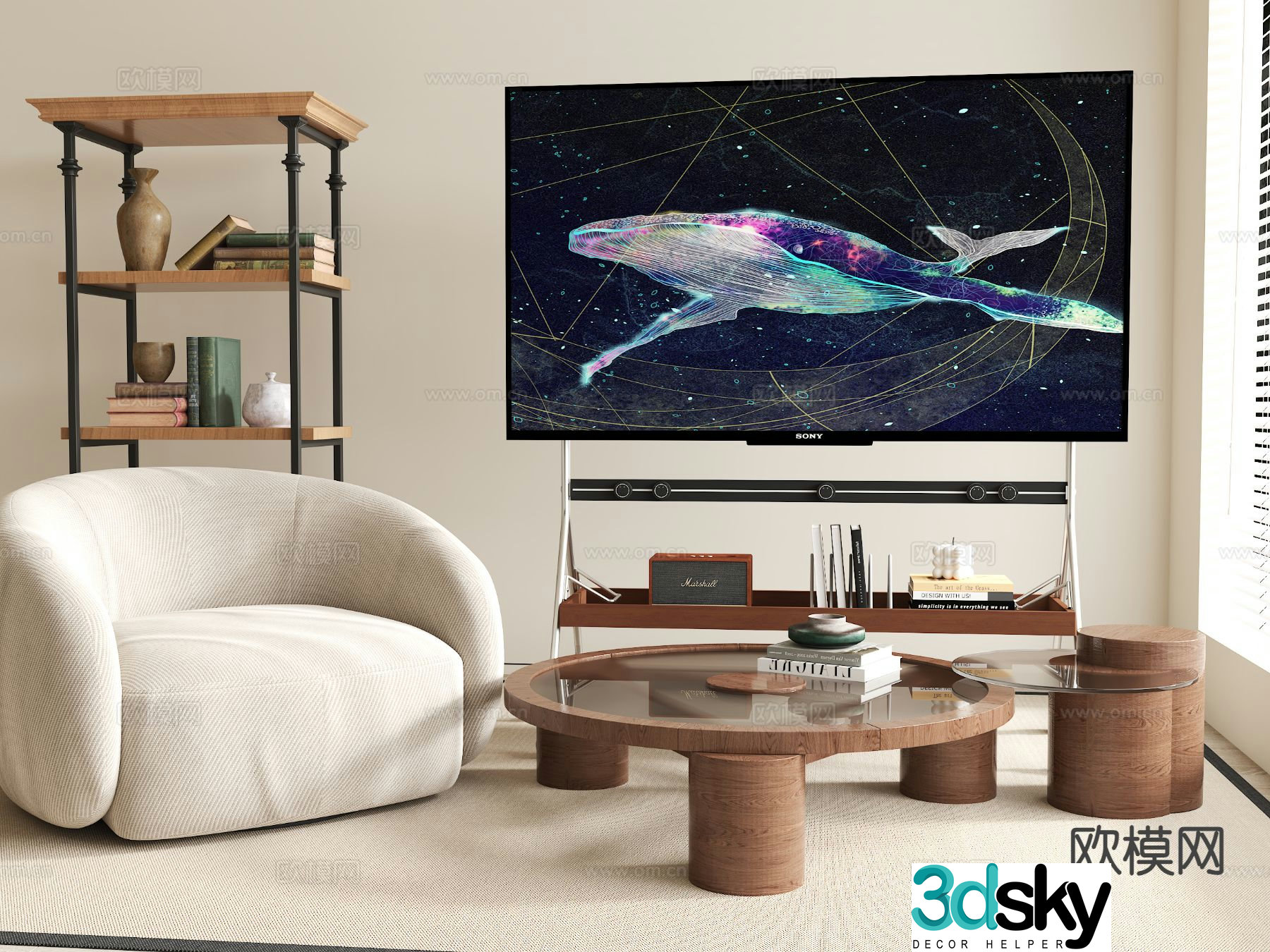 Medieval style coffee table single sofa bookcase 3d model