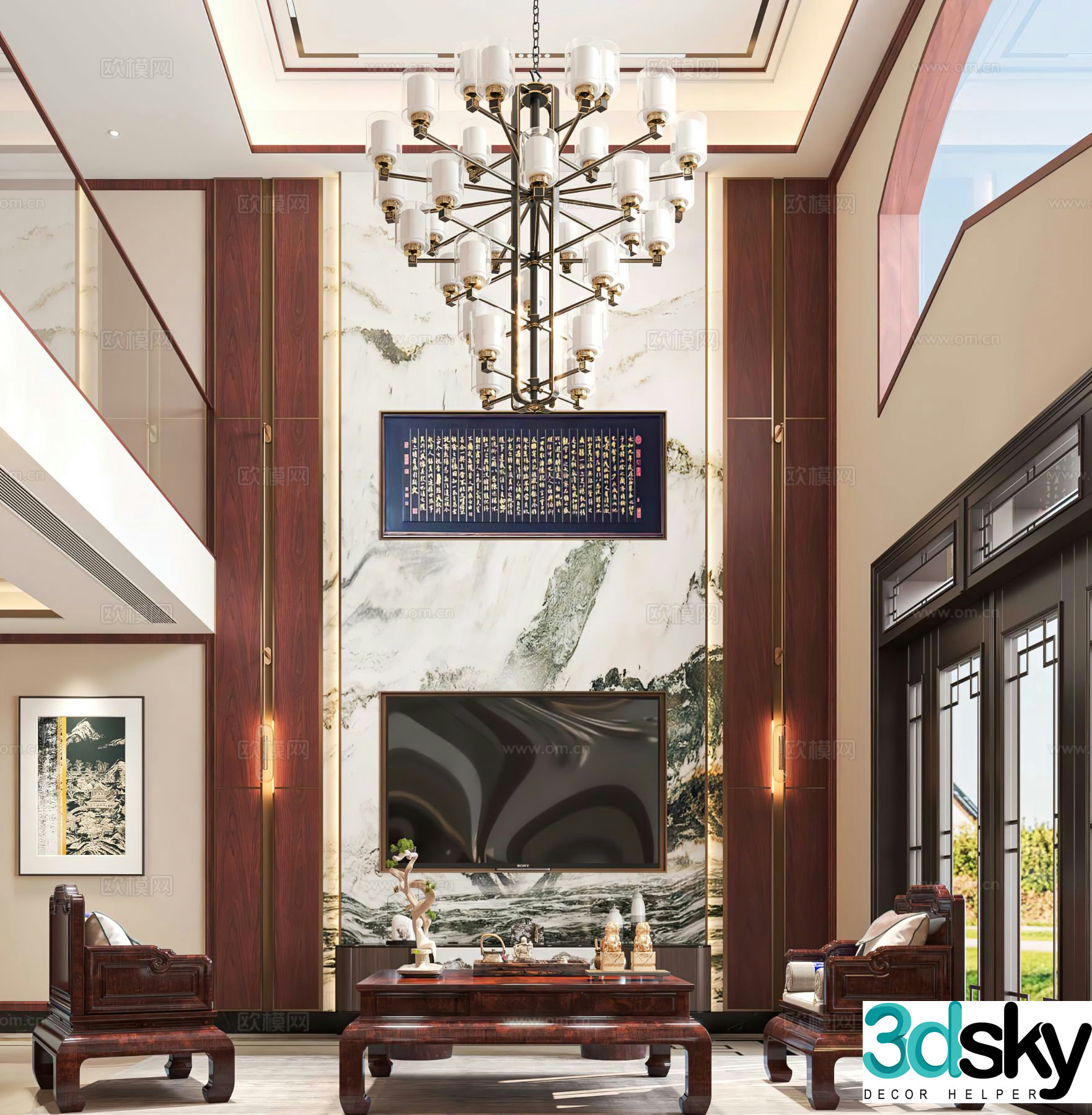 New Chinese style villa living room 3D model