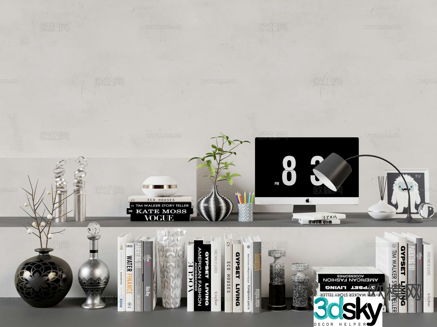 Modern decorations ornaments books computers desk lamps 3d model
