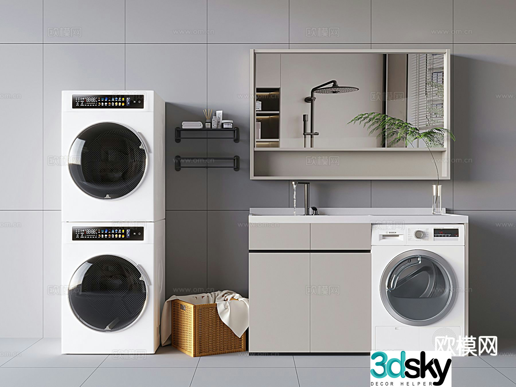 Washing machine dryer laundry cabinet mirror cabinet 3d model