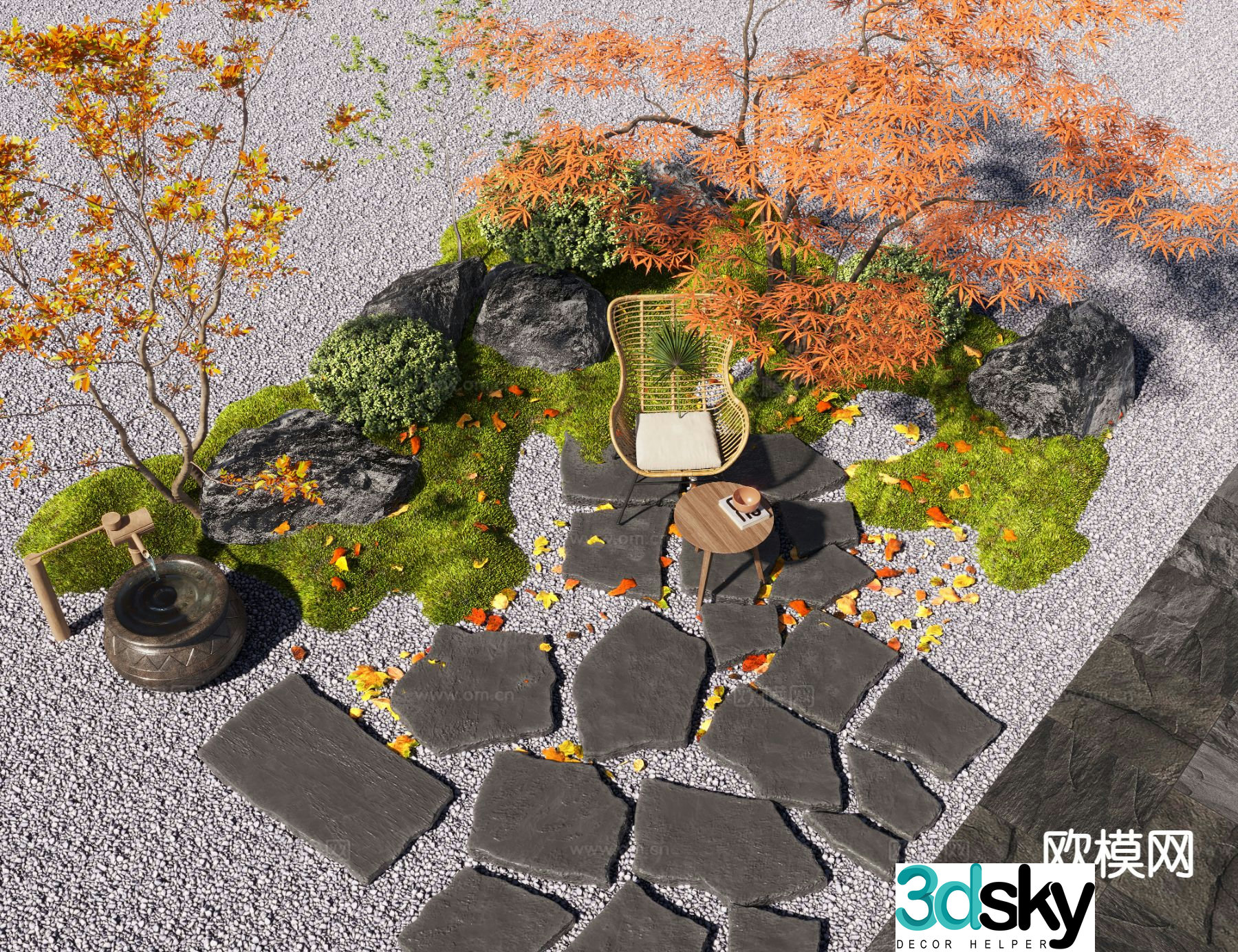 Courtyard landscape sketch moss red maple water bowl 3D model