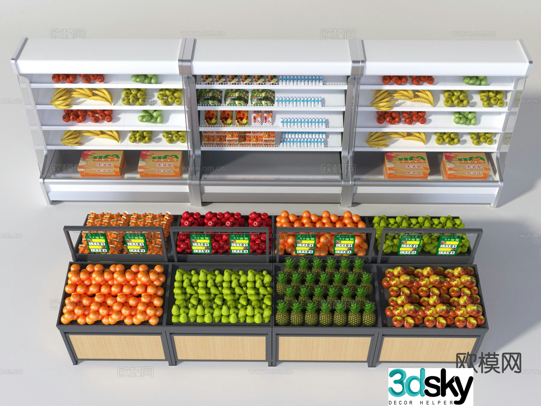 Fruit and vegetable shelves containers display cabinets 3D model