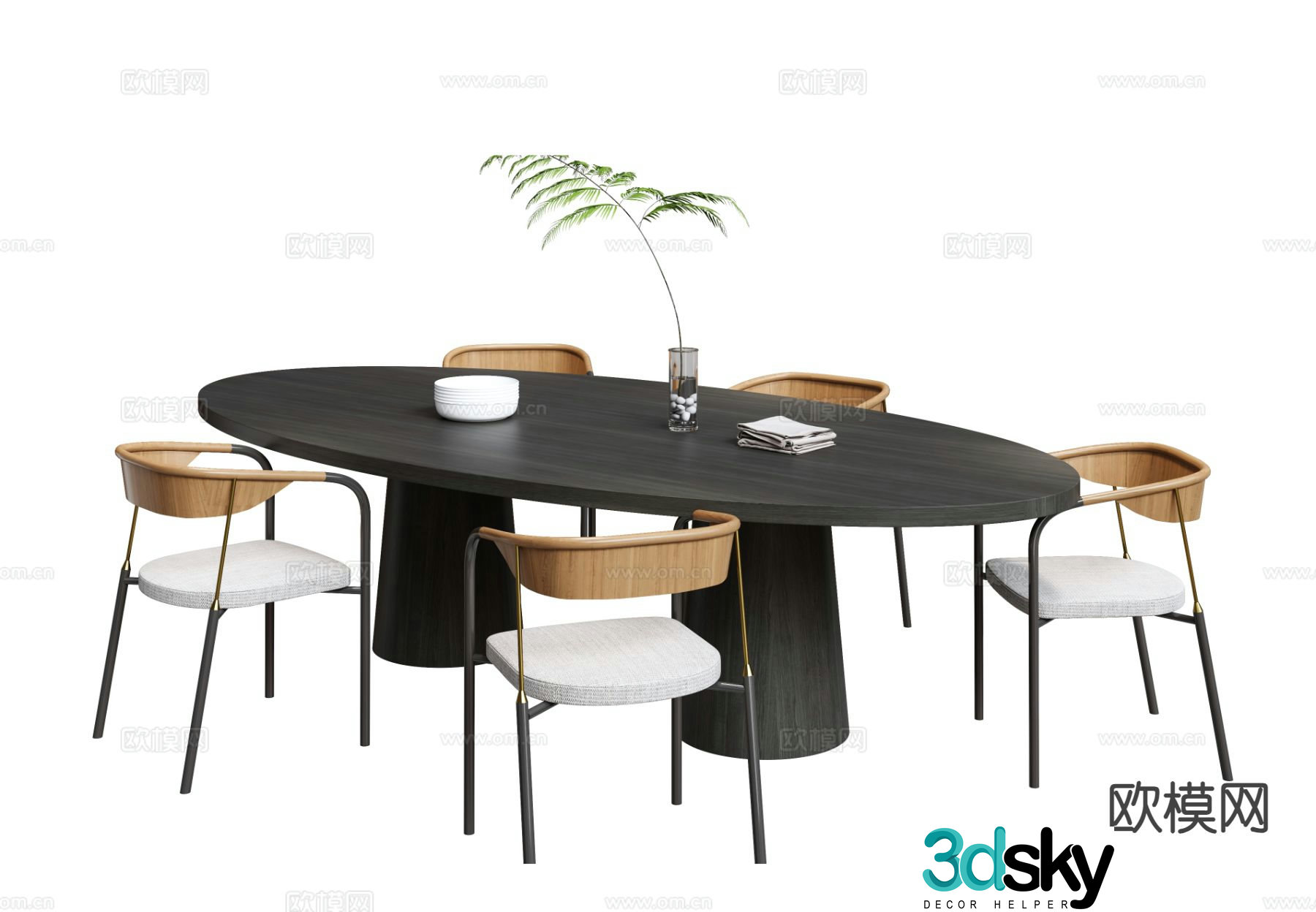 Modern oval dining table and chairs 3d model