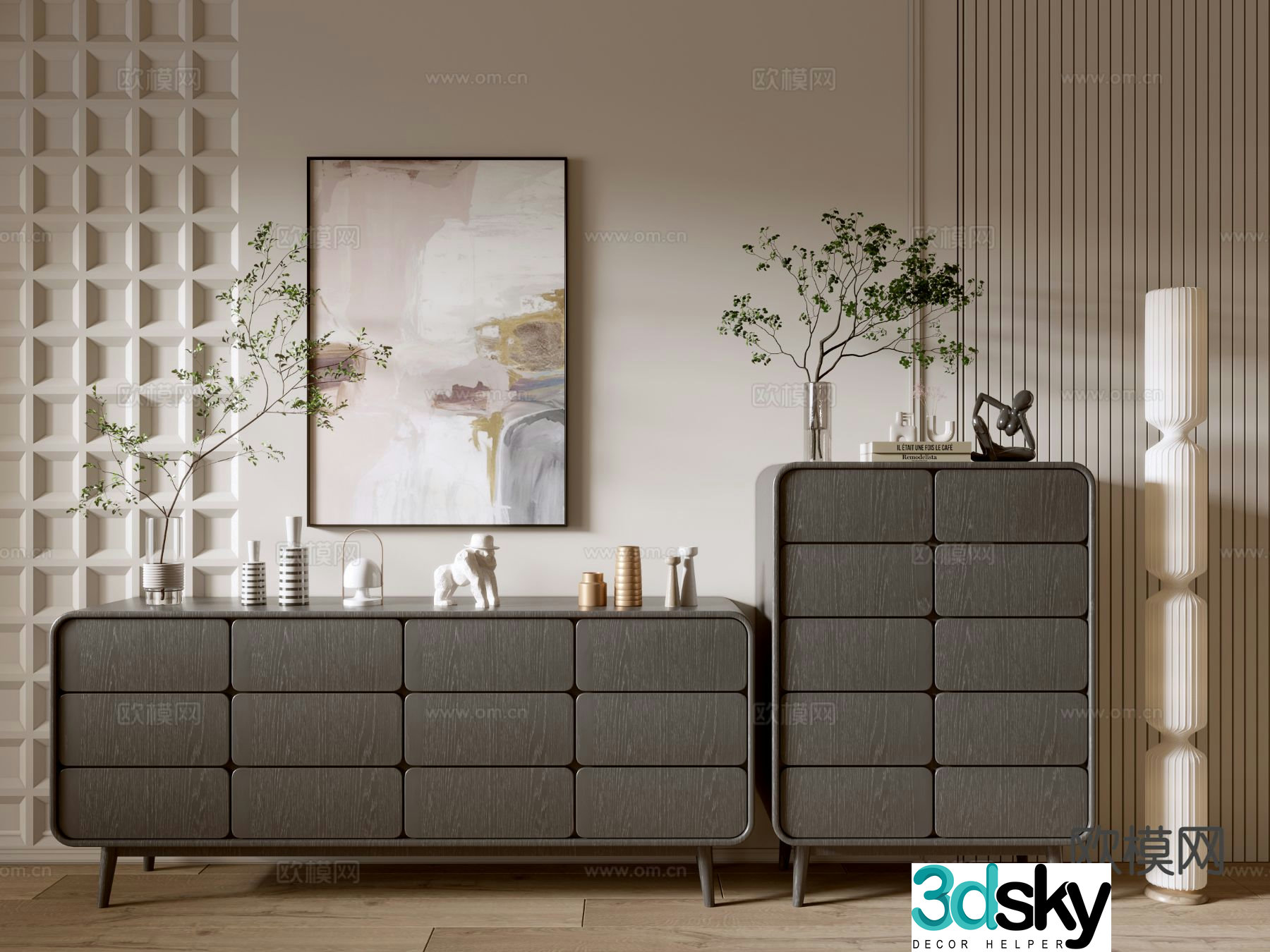 Modern wood grain chest low cabinet 3d model
