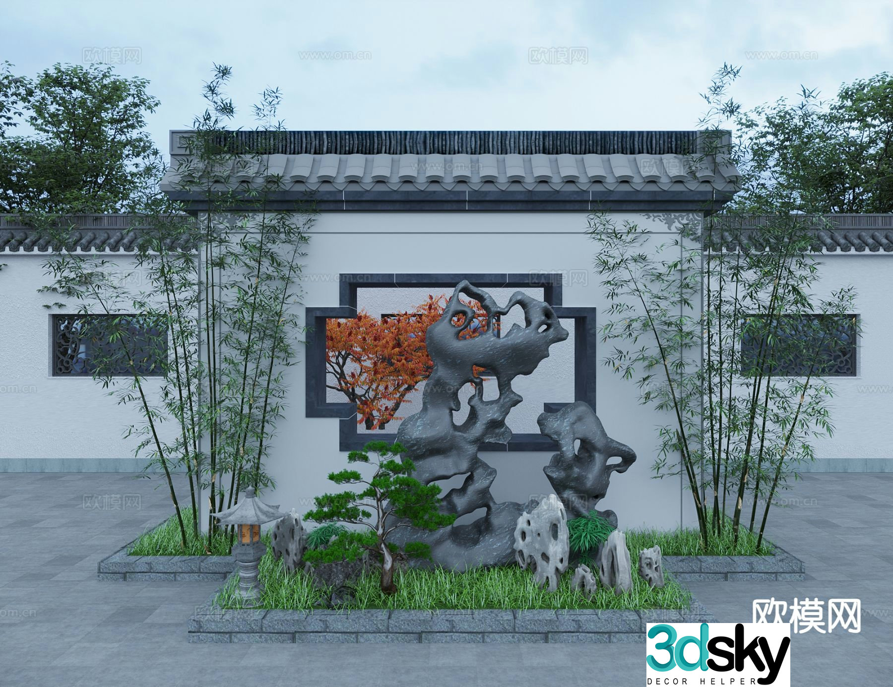 New Chinese style courtyard landscape wall entrance landscape wall rockery landscape wall 3D model