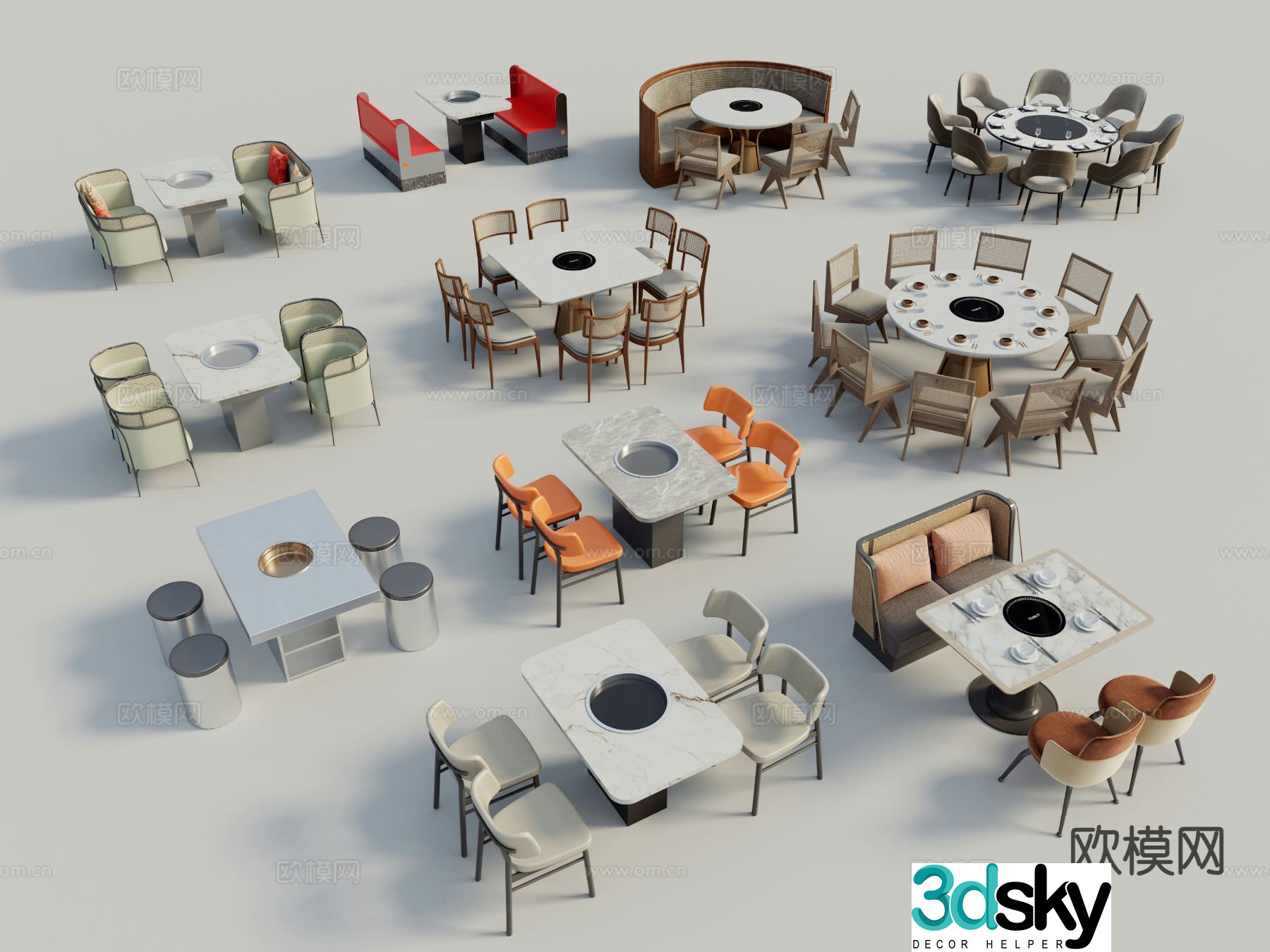 Modern hot pot table dining table and chairs 3d model