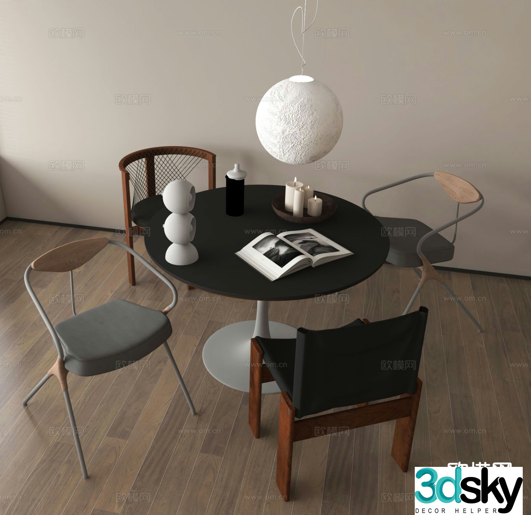 Industrial style dining table and chairs round table dining chair 3d model
