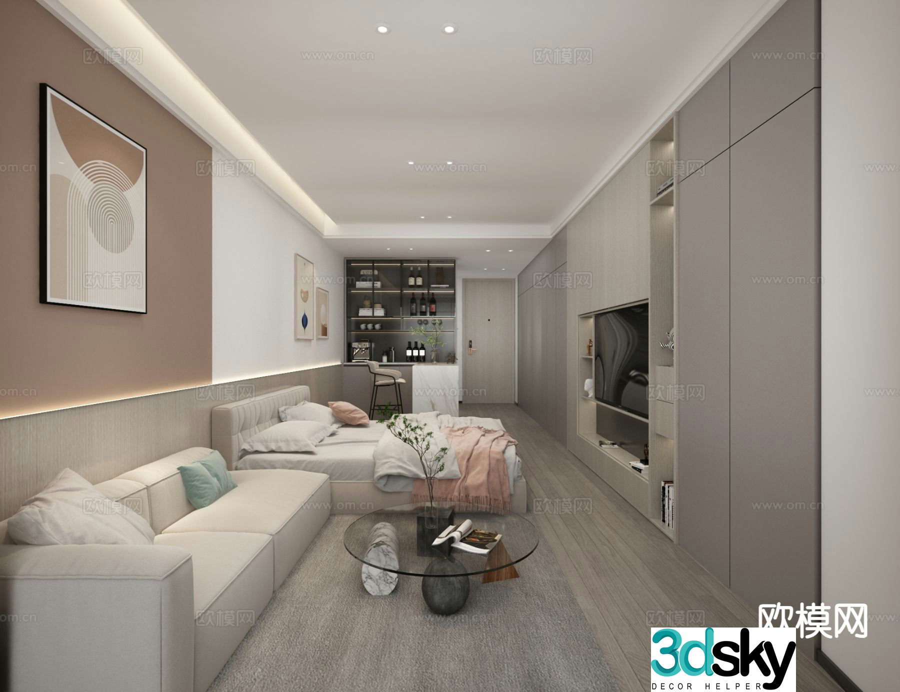 Modern bachelor apartment bedroom 3d model